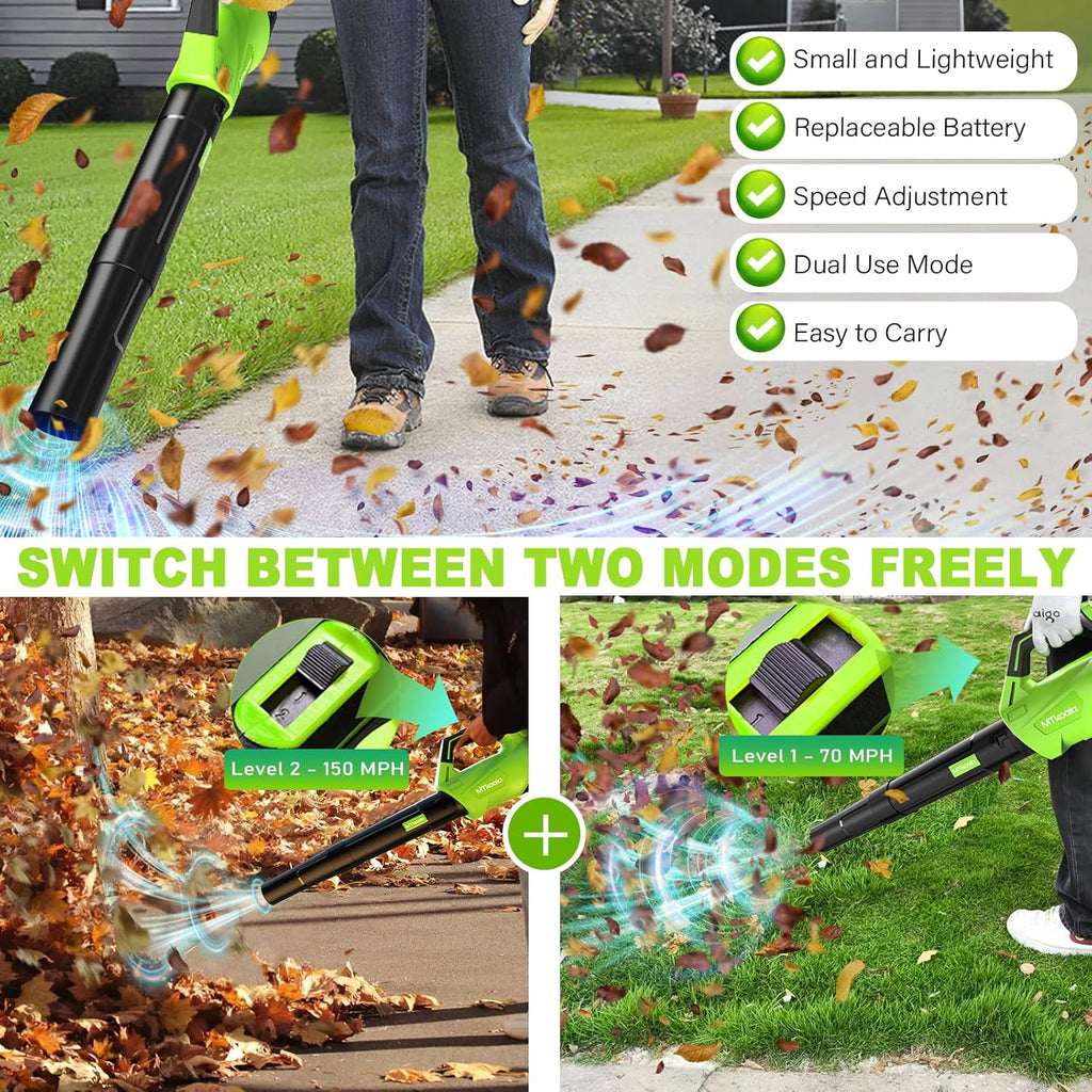 2025 Upgrade Leaf Blower, Leaf Blower Cordless with 2 * 2.6AH Batteries and Fast Charger, 450CFM &150MPH and 2 Speed Mode, Lightweight Electric Leaf Blowers for Lawn,Yard, Leaves, Dust,Snow Care