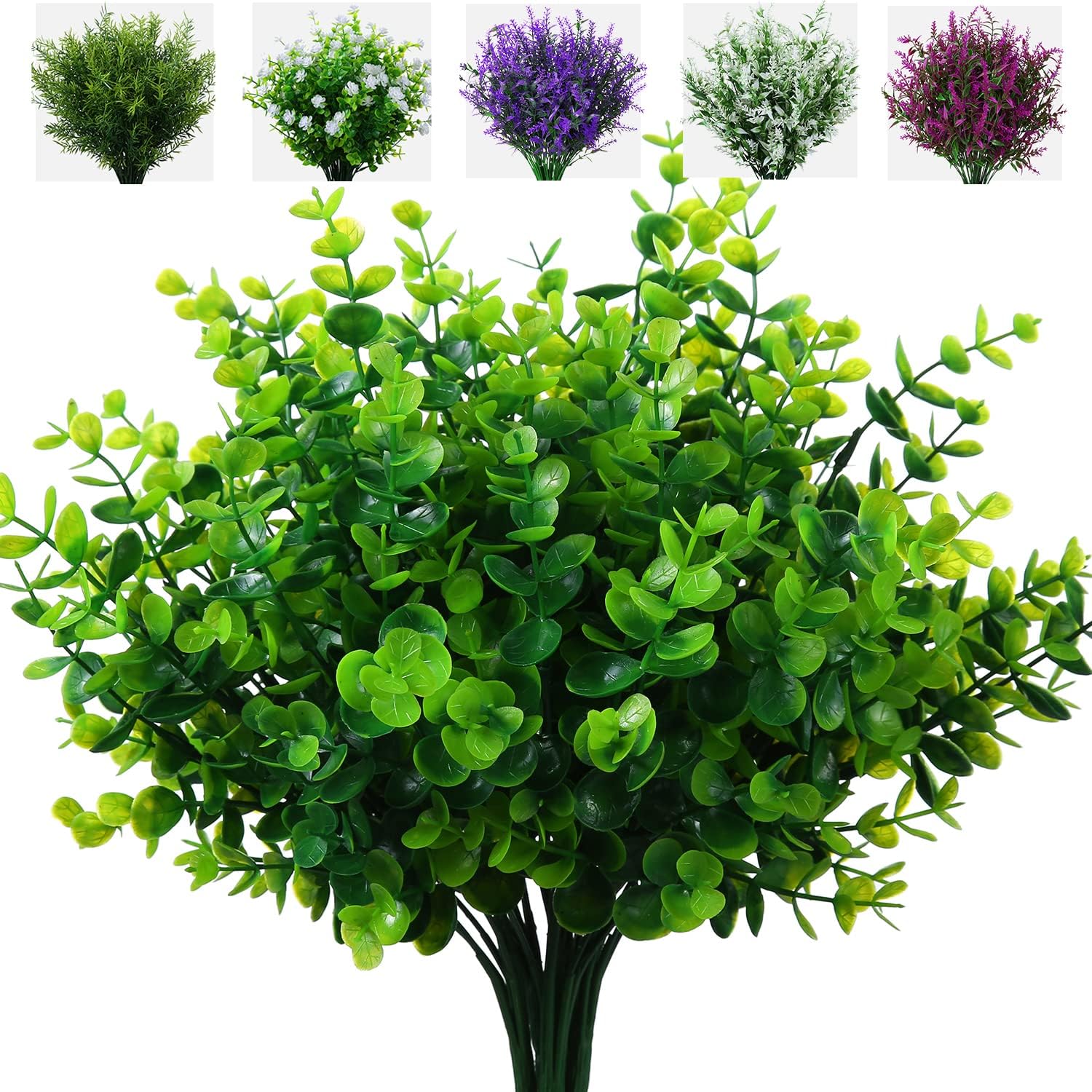 Artificial Plants Flowers Grass Shrubs 8 Pack No Fade Faux Plastic Flowers Outdoor for Farmhouse Garden Porch Patio Indoor Wedding Decoration Greenery Fake Plants uv Resistant (1#Green)