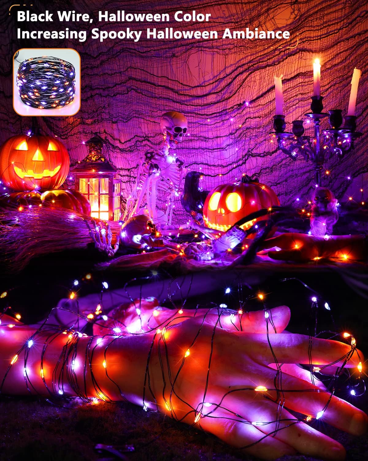 Brizled Orange & Purple Halloween Lights, 2 Pack Total 78FT 240 LED Solar Halloween Fairy Lights, 8 Modes Outdoor Orange Fairy Light, Purple Twinkle Light String Black Wire Outside Spooky Decorations