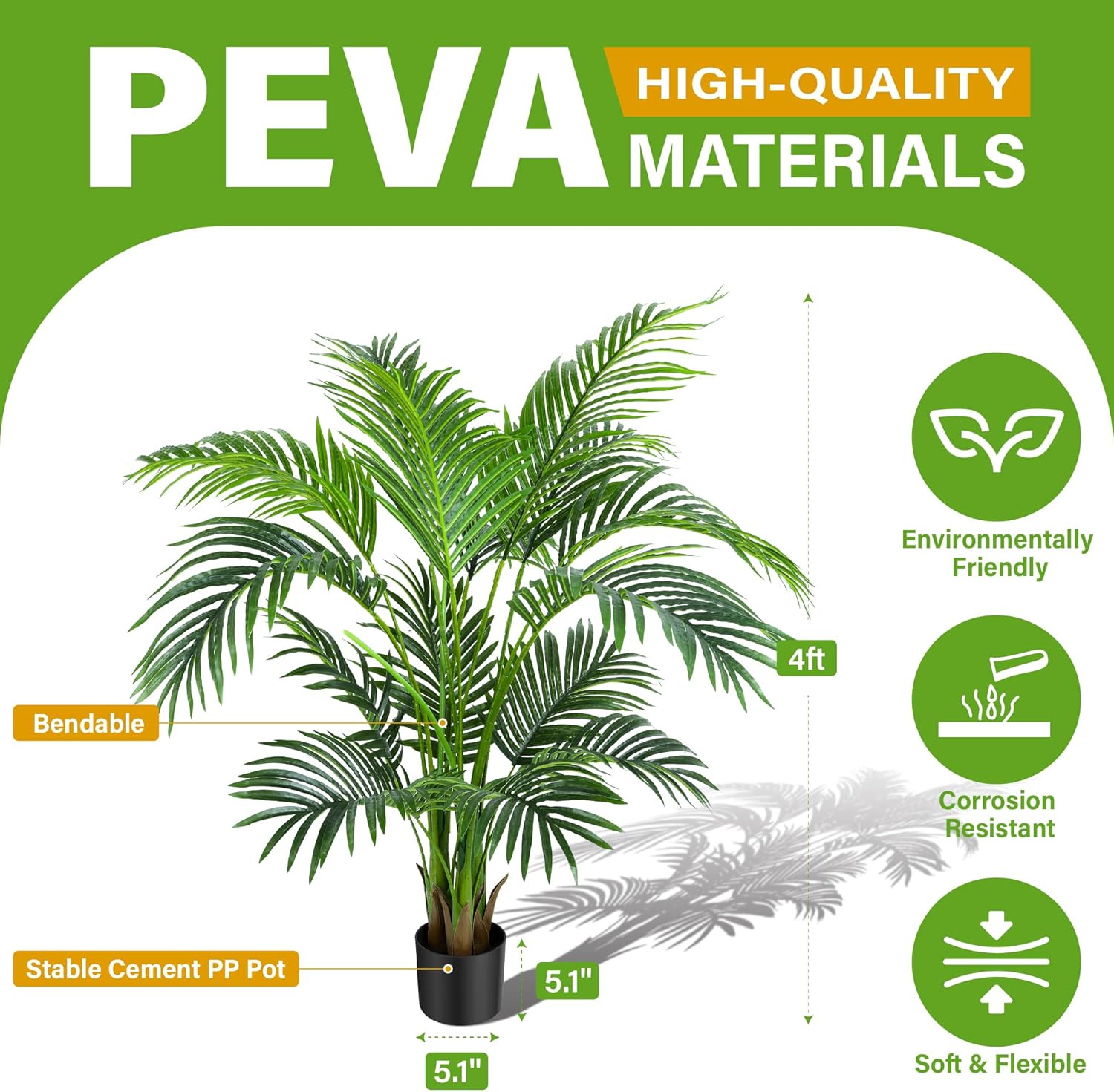 KOL 4ft 2-Pack Artificial Palm Tree Plant, 47in Fake Cane Areca Palm Silk Tree Indoor Outdoor,Dypsis Lutescens, Realistic Faux Silk Plants for Office Home Garden Decoration, Lifelike Modern Decor