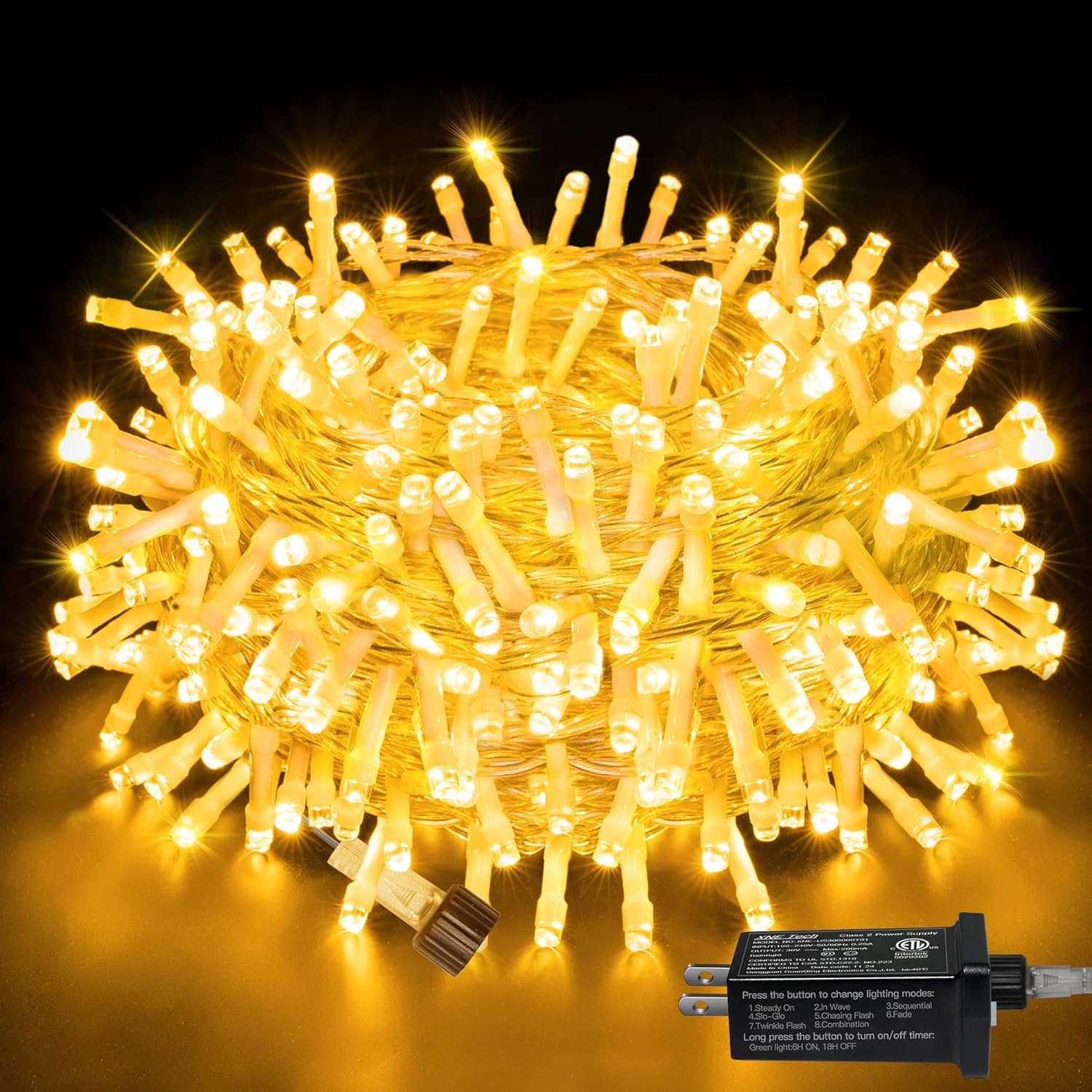 Ollny String Lights Indoor 200LED 60FT, Warm White Connectable Plug in LED Outdoor Light, 8 Modes Waterproof Timer Christmas Lights for Outside Bedroom House Party Wedding Camping