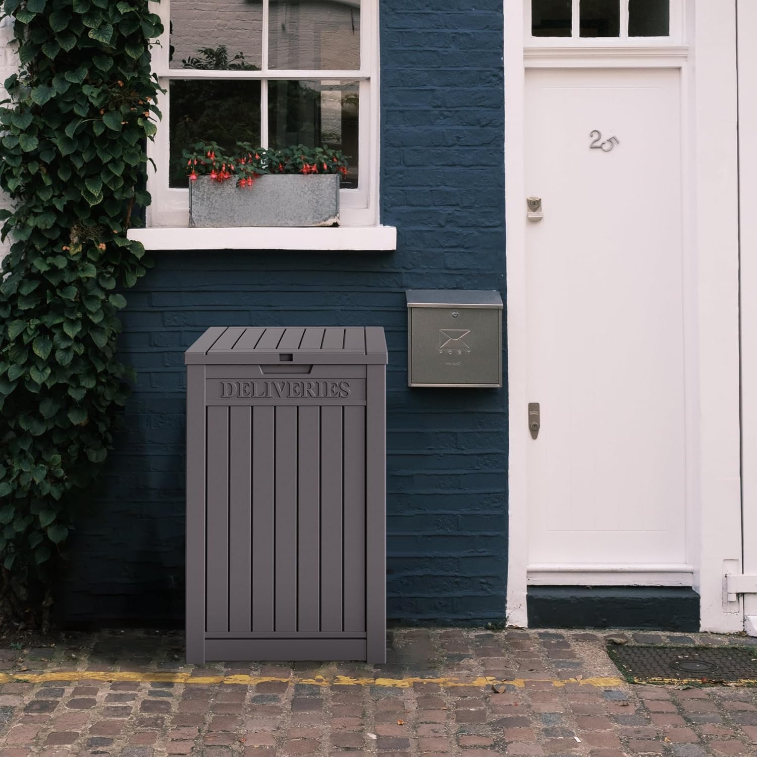 55 Gallon Coffee Resin Deck Box - Lockable, Rust-Resistant Outdoor Storage for Gardens & Patios - Waterproof Bench-Style Box with Handles