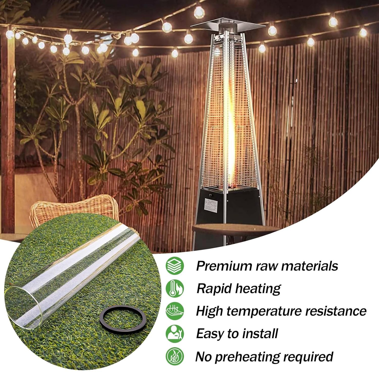 Patio Heater Glass Tube Replacement,49.5" Tall 4" Diameter with Silicone Connecting Ring Compatible with Four-Sided Pyramid Flame Outdoor Heater, Glass Tube Patio Heater for Hiland, Fire Sense