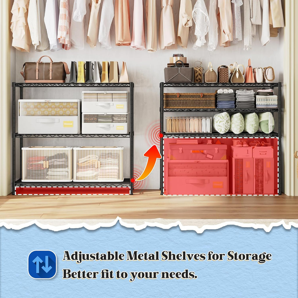 3- Shelf Metal Shelving Unit 35.6Wx14Dx36H Adjustable Storage Shelves Heavy Duty Garage Shelving Steel Wire Shelving for Laundry Bathroom Kitchen Pantry Closet Garage Black