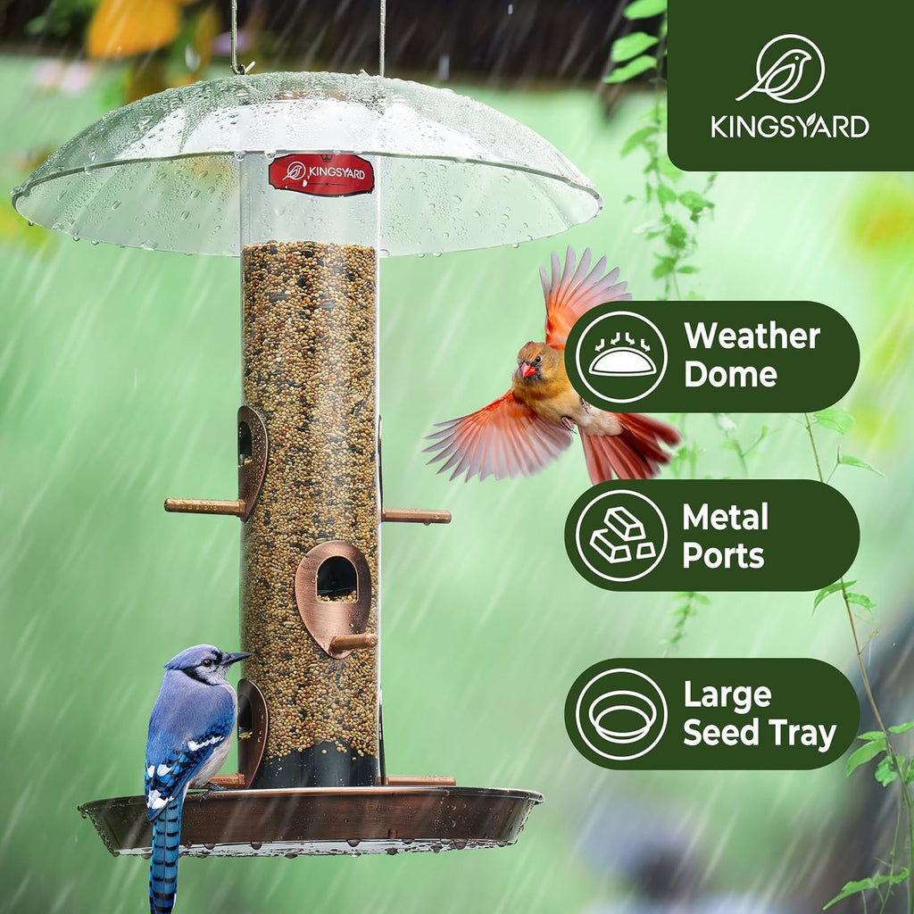 Kingsyard Metal Bird Feeders for Outdoors Hanging, Wild Bird Feeder for Finch Cardinal, Large Tray and Rainproof Dome, 2 lbs Seeds Capacity (Antique Copper)