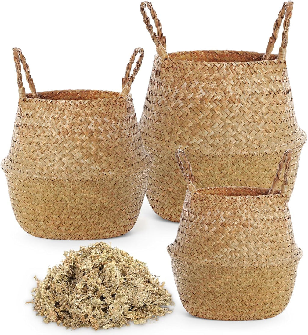 3 Pack Large Wicker Plant Basket with Handle 10 Inch Woven Seagrass Belly Basket and Artificial Moss for Plants Picnic Grocery Laundry House Storage Home Decor (Small,Medium,Large)