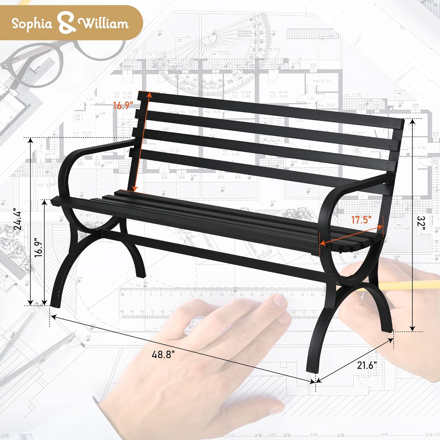 Sophia & William Outdoor Garden Bench Patio Park Bench, Metal Frame Furniture with Backrest and Armrests for Porch Yard Lawn Deck, Black