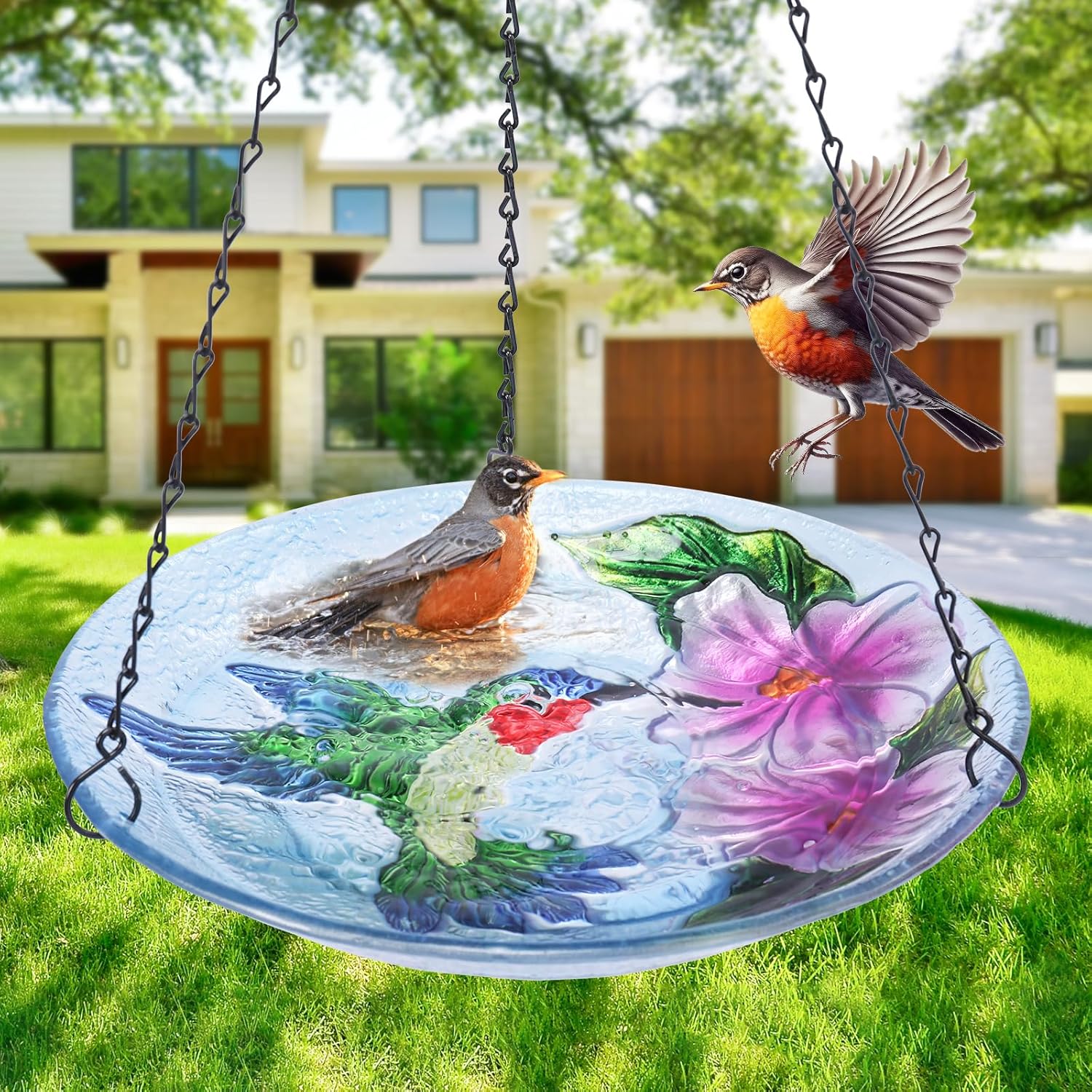 VCUTEKA Glass Hanging Bird Bath for Outdoors, BirdBaths with 21-Inch Rust-Proof Chain, Garden Yard Decor, Hummingbird Pattern