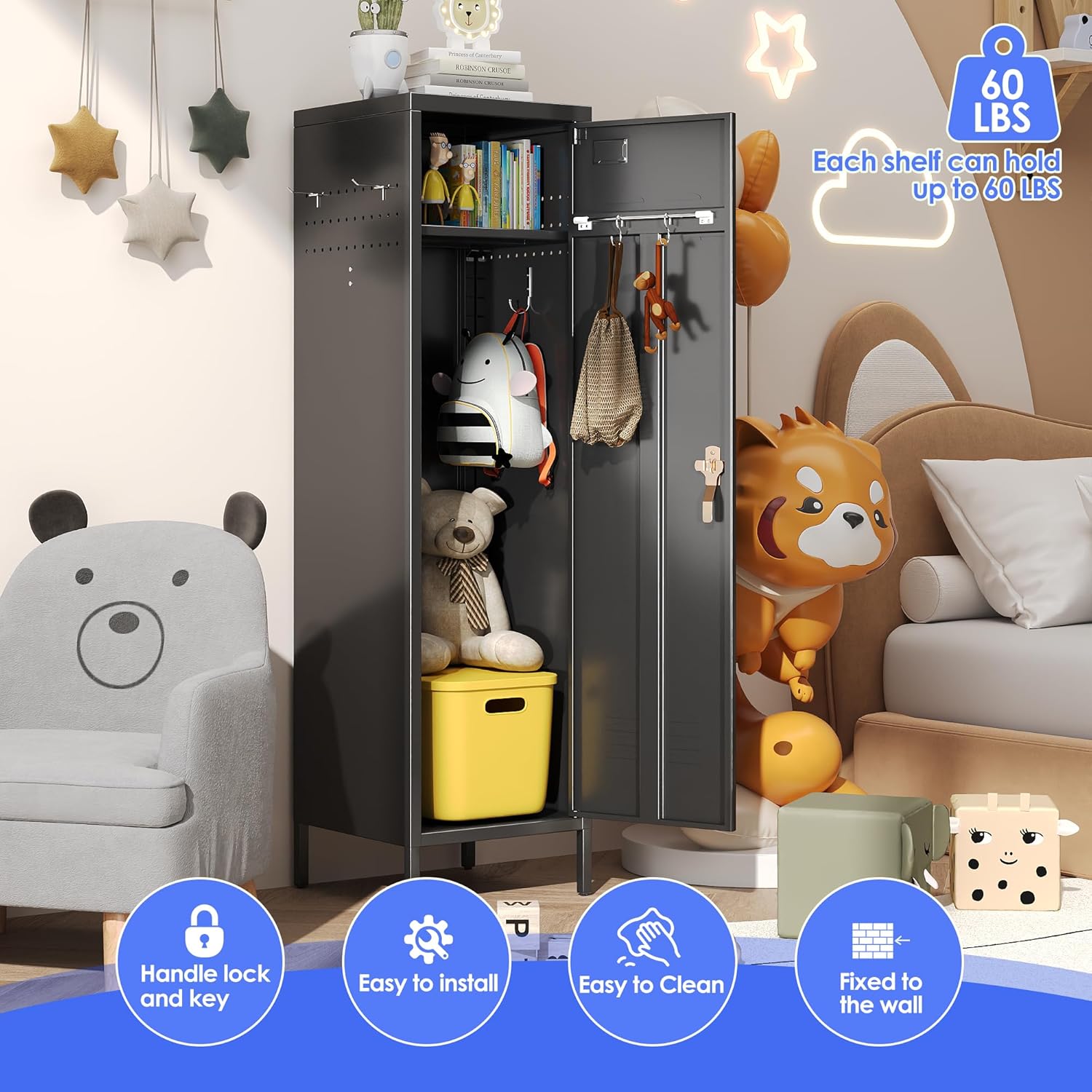 METAN Metal Storage Lockers with 1 Door and 1 Adjustable Shelf,55''H*15''W*15''D Steel Lockers with Hooks for School,Home,Office,Gym,Assembly Required,Black