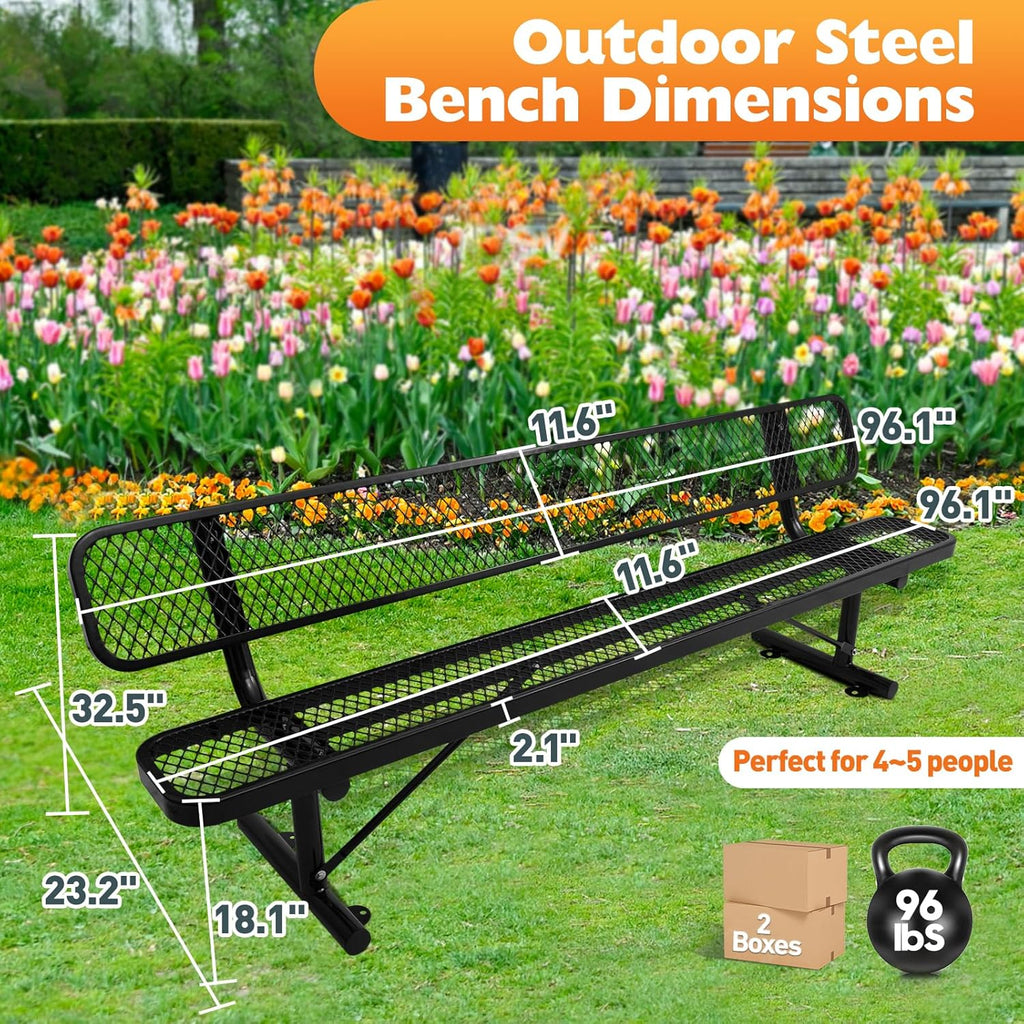 8Ft Heavy Duty Park Bench with Back Portable Frame, Outdoor Steel Bench with Backrest, Expanded Metal Mesh Bench for Lawn, Park, Deck, Garden, Patio, Porch, Black