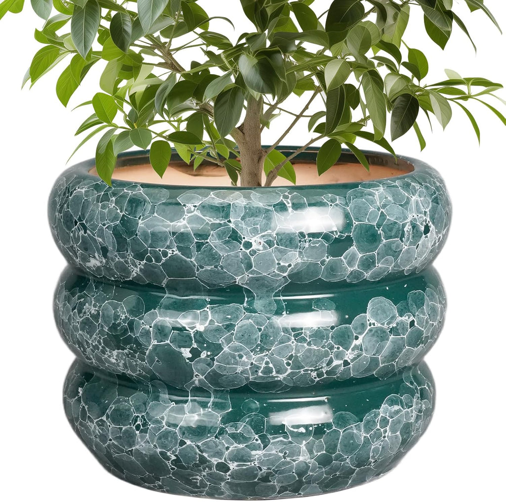 SQOWL Ceramic Planter for Indoor Plants - 10 Inch Plant Pot Indoor with Drainage Hole Large Pot for Plants Outdoor Flower Pot for Patio Decorations Outdoor Green