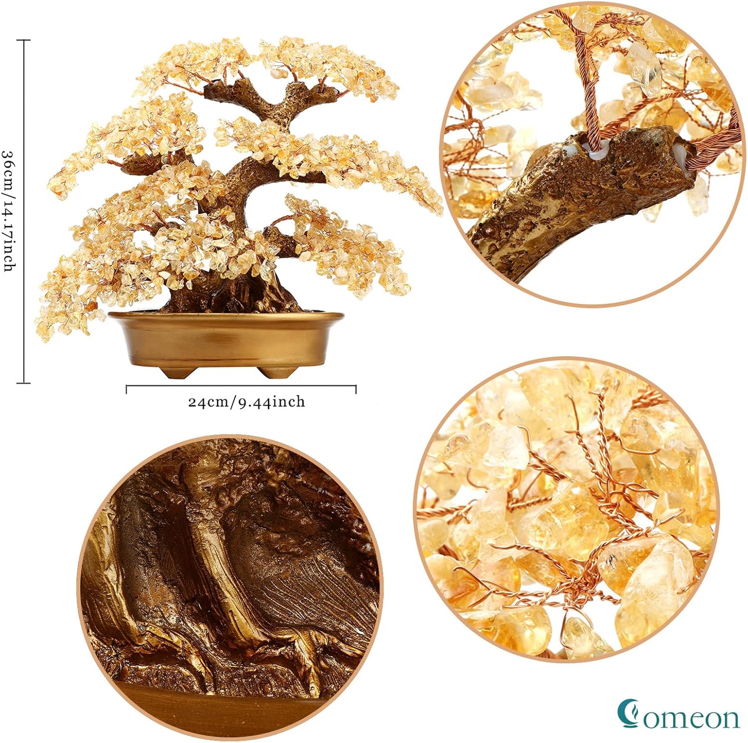 Feng Shui Money Tree Large Pine Tree Style Crystal Quartz Lucky Tree Gem Tree for Office Home Feng Shui Decoration for Wealth/Fortune and Luck (Yellow)