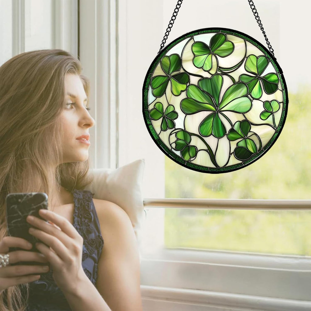 Stained Glass Window Hanging - Green Clover Flowers Suncatcher for Doors Garden St. Patrick's Day Plant Floral Sun Catchers Decor Mother's Day Birthday Gifts for Women Men Mom Nana 9.8 in