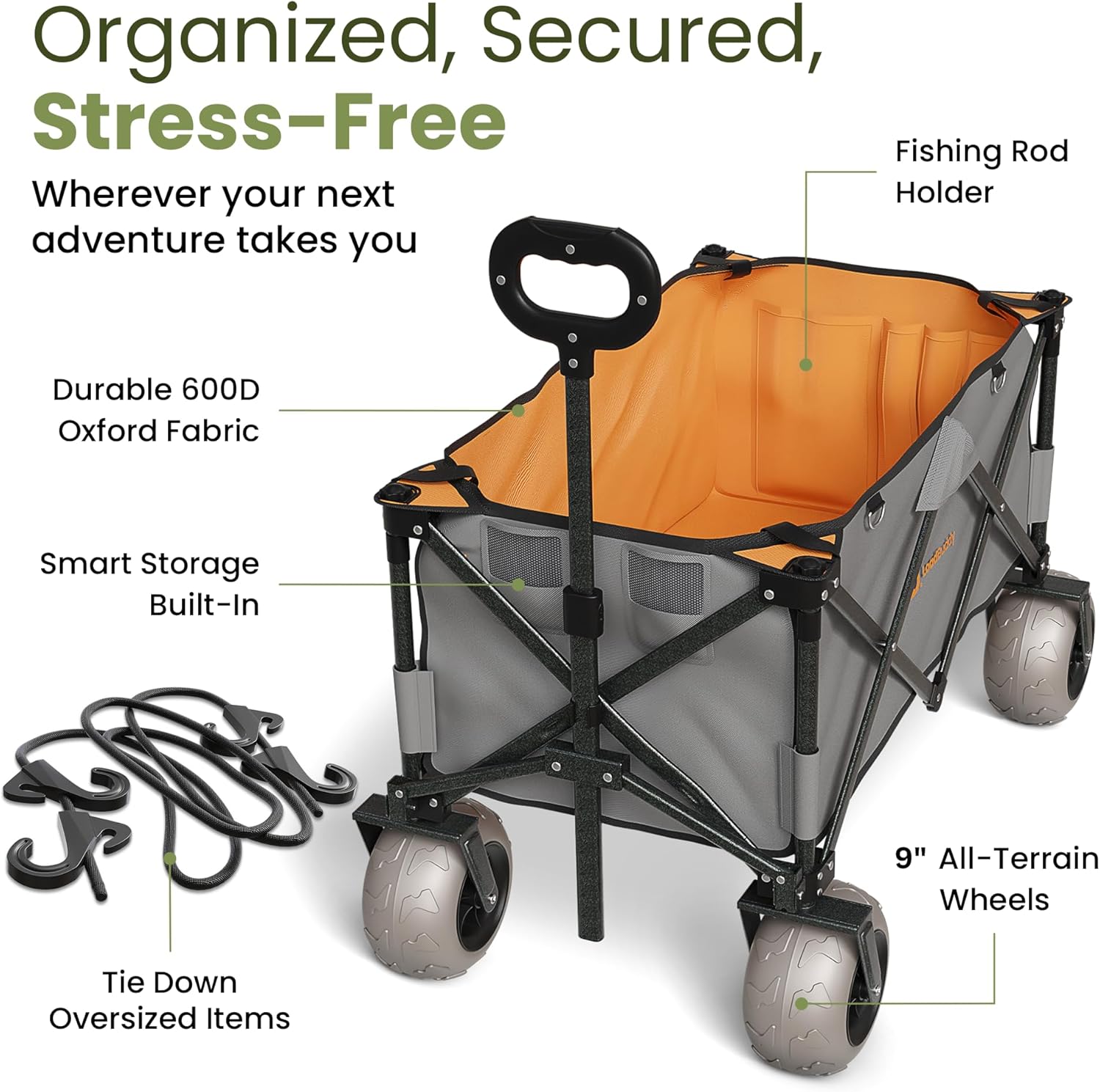 Foldable Beach Wagon – Gray Orange – Collapsible Utility Cart with Inflatable Wheels, Pump, Storage & Rope – Heavy Duty Garden, Grocery & Camping Trolley