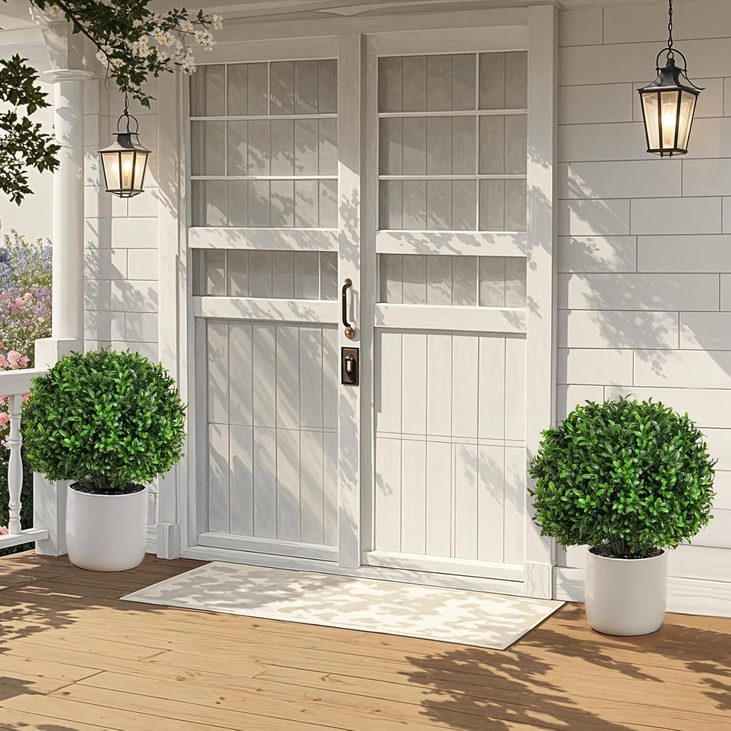 Artificial Olive Leaf Boxwood Topiary Ball Trees, Set of 2 UV Resistant 16in Outdoor Plants – Artificial Bonsai, Miniature Trees, Garden, Curb Appeal