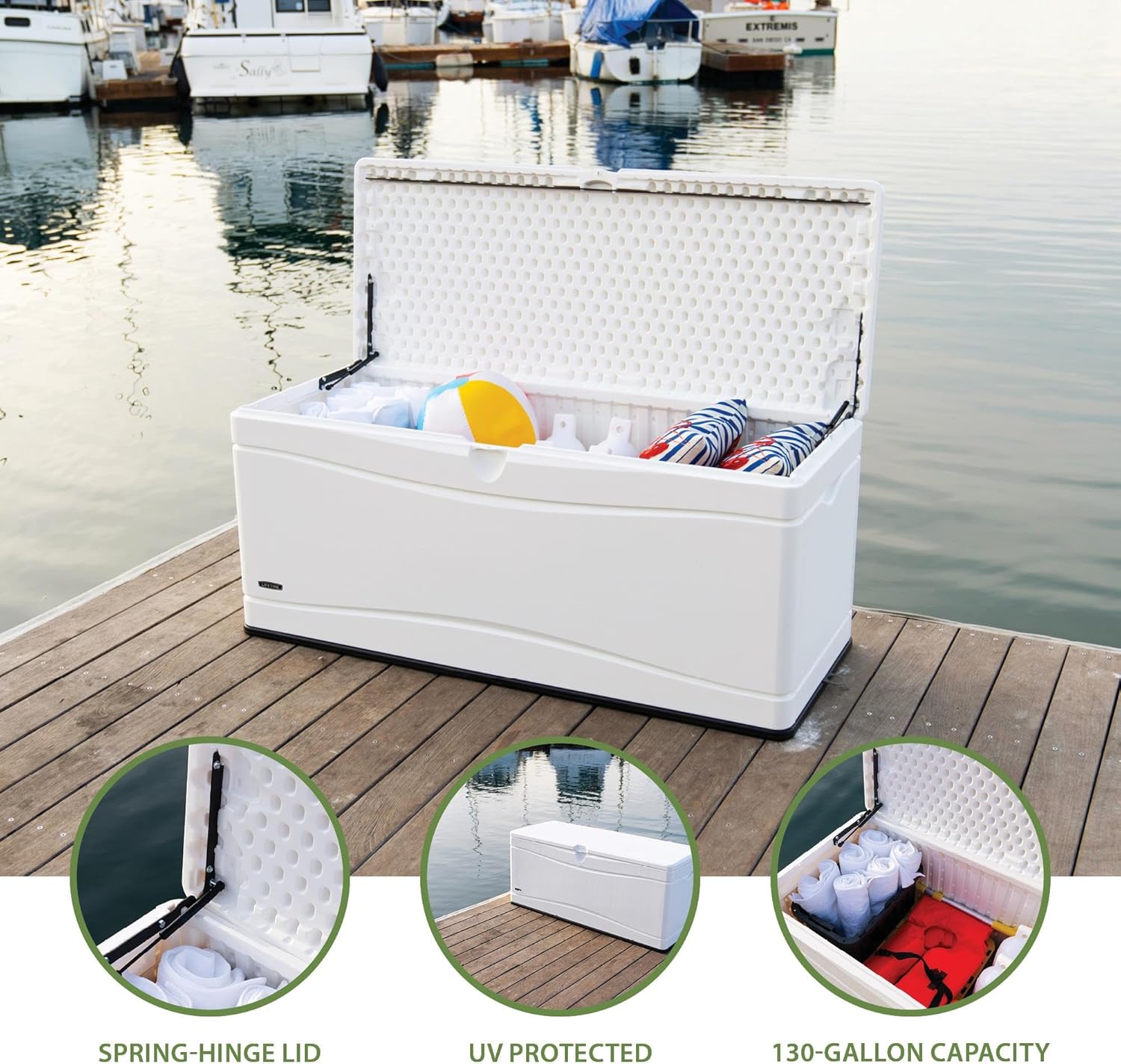 LIFETIME Outdoor Storage Deck Box, 130 Gallon, Arctic White, Lockable, UV-Protected, for Decks and Marine Docks