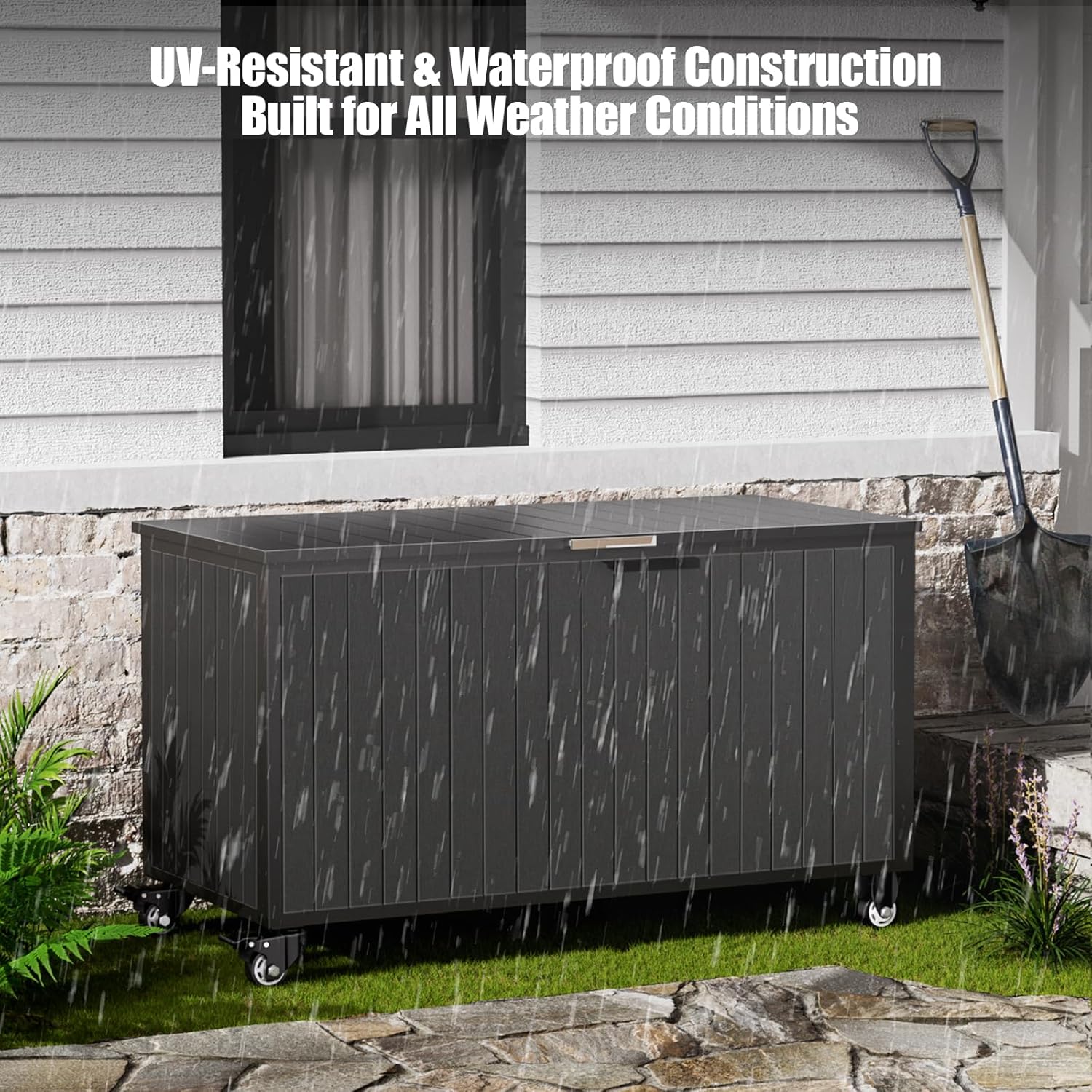 Outdoor Storage Box with Wheels 135 Gallon, Mobile Waterproof Aluminum Deck Box, UV Resistant Patio Storage Box with Lid for Patio Furniture, Garden Tools (Black)