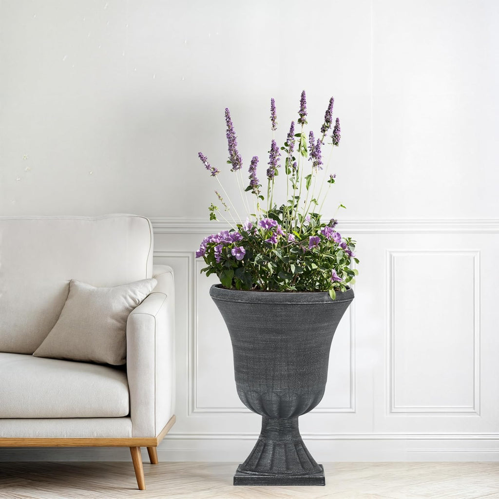 22" Large Urn Planters for Outdoor Plants, Set of 2 Plastic Flower Pot with Handmade Washed Black Finish, Weather-Resistant for Porch, Garden, Patio or Indoor Decor