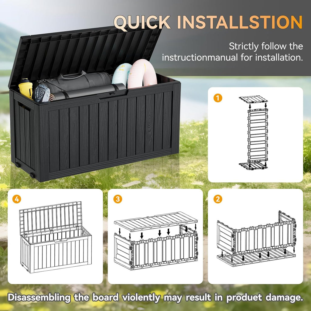 KAMABOKO Deck Box, 75 Gallon Resin Indoor and Outdoor Storage Boxes Waterproof for Garden Tools, Pool Accessories Storage Bench, Patio Furniture and Cushions with Lockable Lid, Black