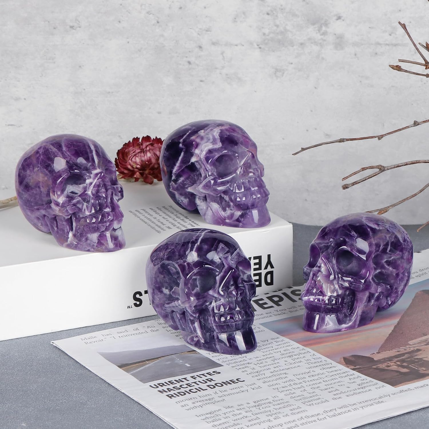 Amethyst Crystal Skull Head Figurine Hand Carved Large Quartz Gemstone Skull Statue Sculpture Decor for Day of The Dead Halloween(3 Inches)