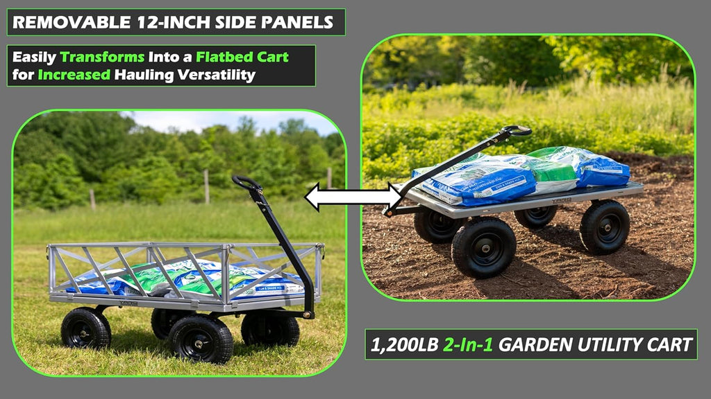Yard Commander - Heavy Duty 1200lb Steel All Terrain Utility Cart, Garden Wagon, 9 cu ft Bed, Easy Assembly, Removable Side Panels, 45° Dump Angle, 2-in-1 Convertible Handle for Towing