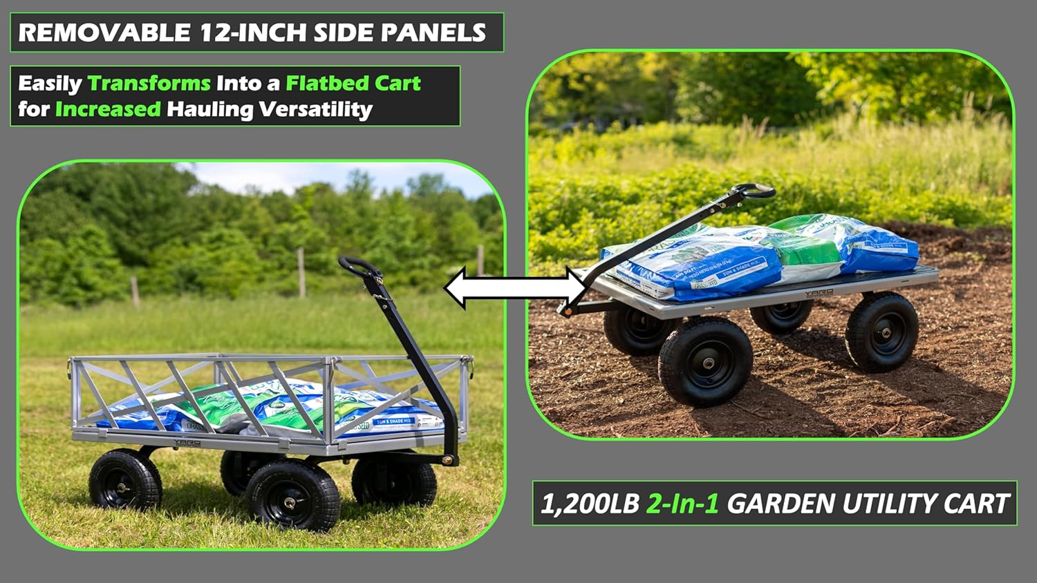 Yard Commander - Heavy Duty 1200lb Steel All Terrain Utility Cart, Garden Wagon, 9 cu ft Bed, Easy Assembly, Removable Side Panels, 45° Dump Angle, 2-in-1 Convertible Handle for Towing
