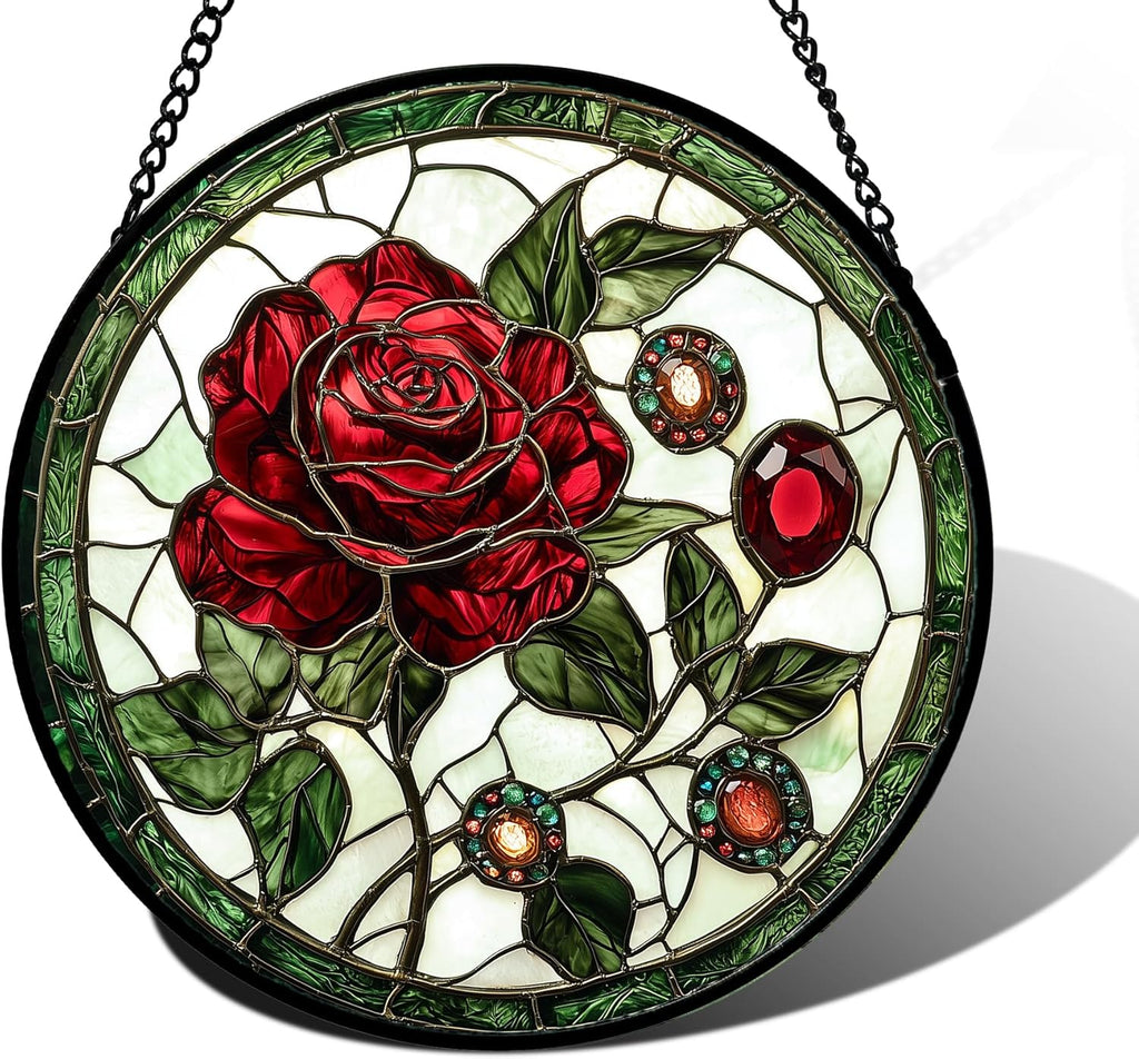 Stained Glass Window Hanging, Red Rose Gemstone Green Sun Catchers Diamond Glass Panel Hangings Suncatcher Decor for Birthday for Women, Men, Wife, Aunt, and Mom 7.8 in