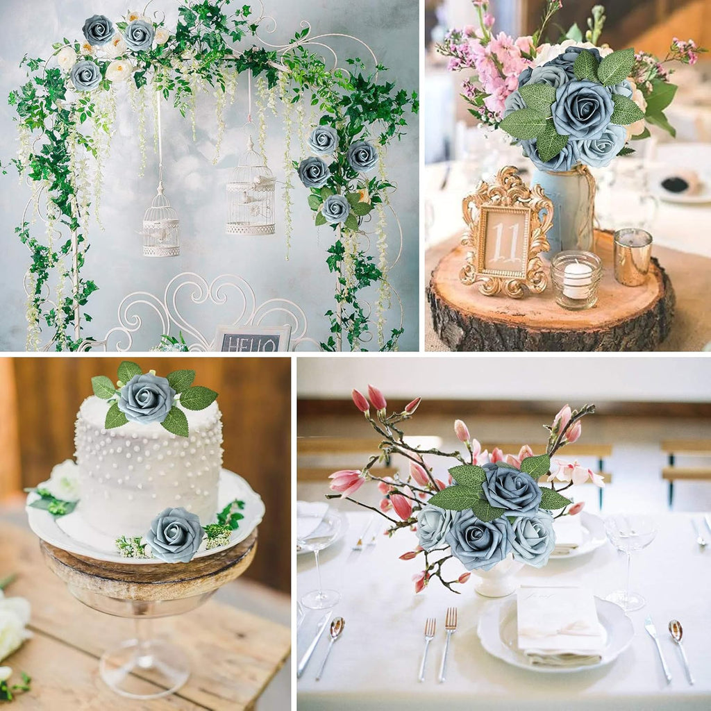 AmyHomie Artificial Flower Dusty Blue Shades Rose 25pcs Real Looking Fake Roses w/Stem for DIY Wedding Bouquets Centerpieces Arrangements Party Baby Shower Home Decorations