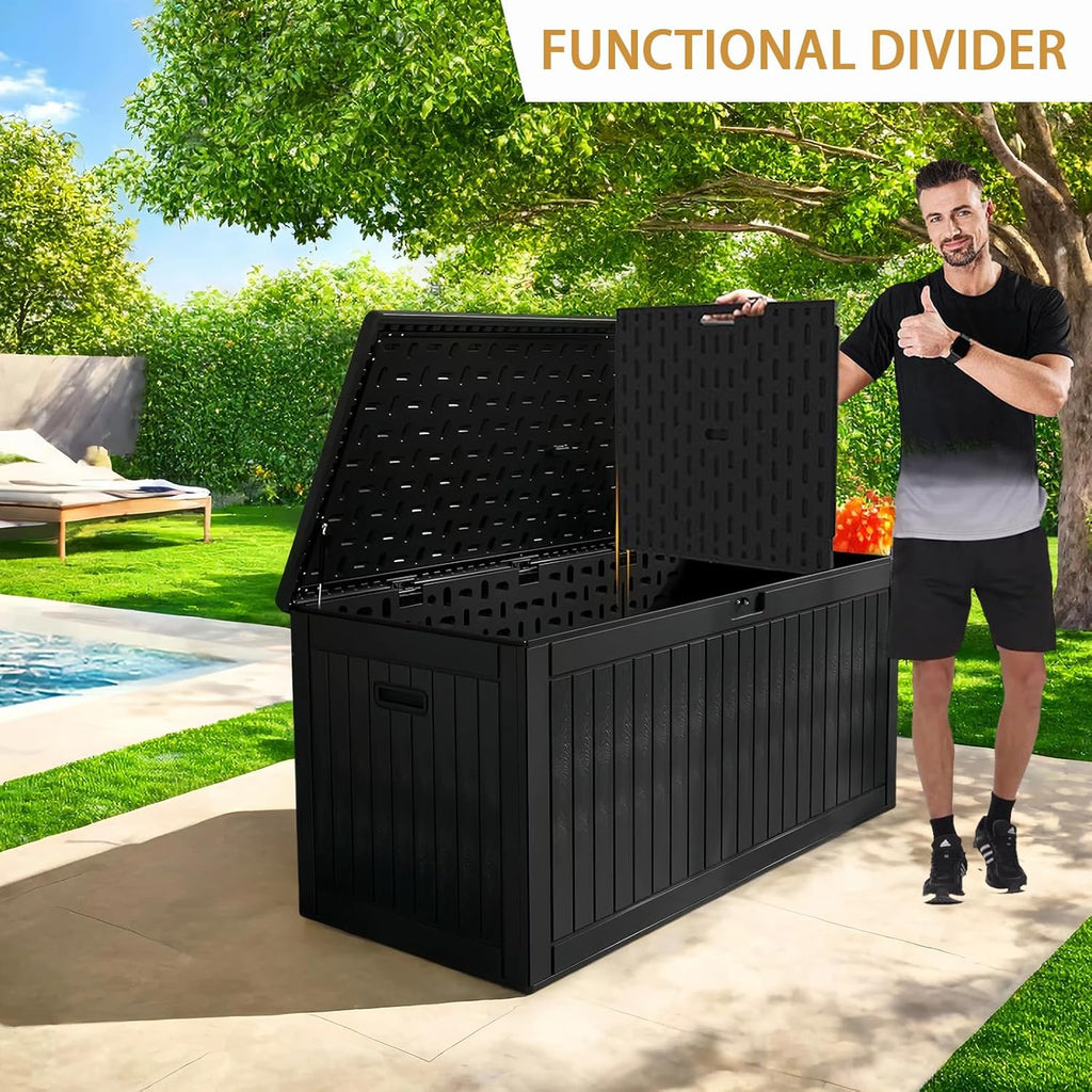 KUIKUI 320 Gallon Deck Box Waterproof, Extra Large Outdoor Storage Box Lockable with Divider and Lifter Prevent Water Seeping into from Floor for Patio Cushions
