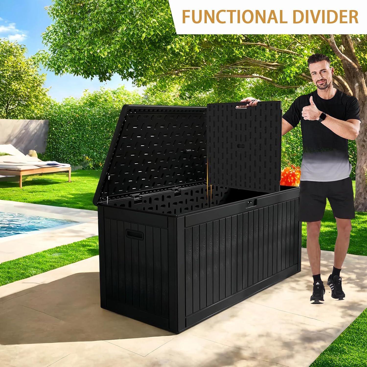 KUIKUI 320 Gallon Deck Box Waterproof, Extra Large Outdoor Storage Box Lockable with Divider and Lifter Prevent Water Seeping into from Floor for Patio Cushions