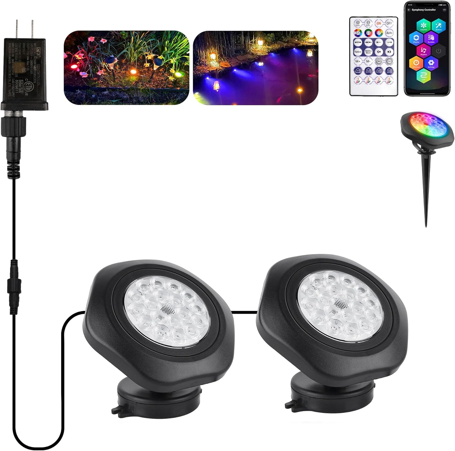 T-SUN Color Changing Pond Lights LED Underwater APP and Remote Control Submersible Fountain Lights IP68 Waterproof Landscape Spotlight Fish Tank Light for Koi Pond Aquarium Garden (Set of 2)