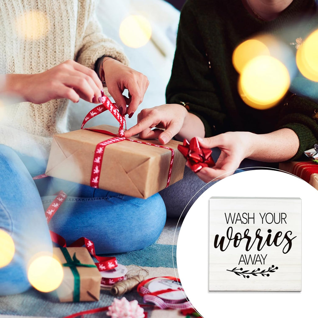 Wash Your Worries Away Wooden Sign - Funny White Block Plaque Desk Decoration-5x5 inches Inspirational Wood Block Gifts For Friends Family-Laundry Room Restroom Bathroom Tabletop Favors & Supplies-A01