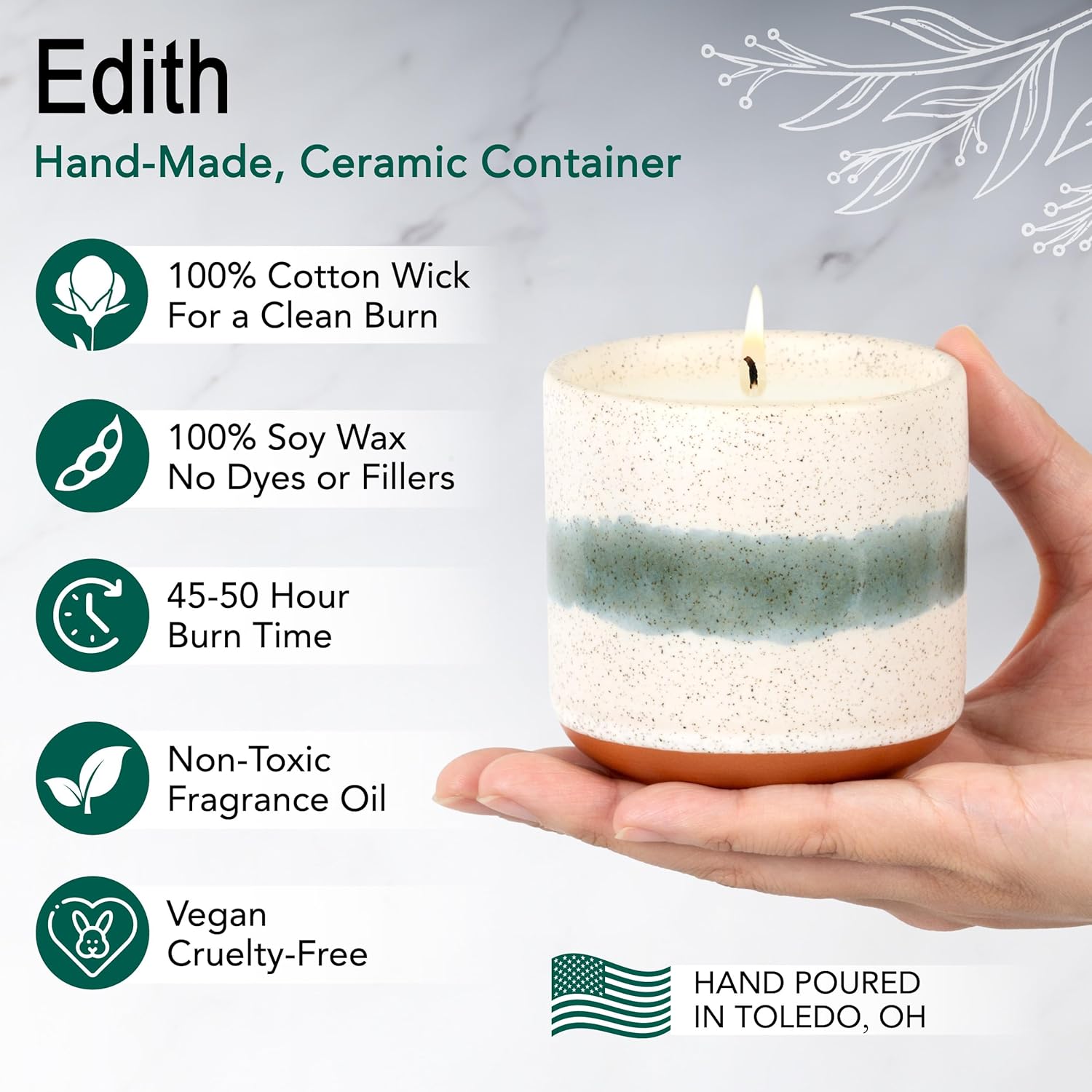 The Growing Candle, Chai Scented, 8.5oz Ceramic Pot, Aromatherapy Candles for Home, 100% Soy, Edith