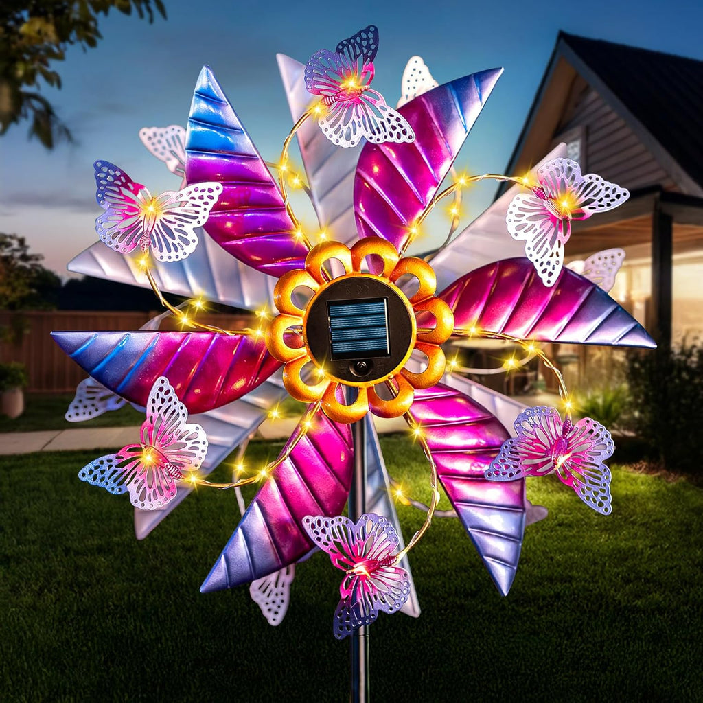 Solar Wind Spinner Outdoor, 360° Metal Large Butterflies Wind Sculpture with Outdoor Kinetic Windmills with Vine String LED Lights for Decor Garden Patio, Lawn & Yard
