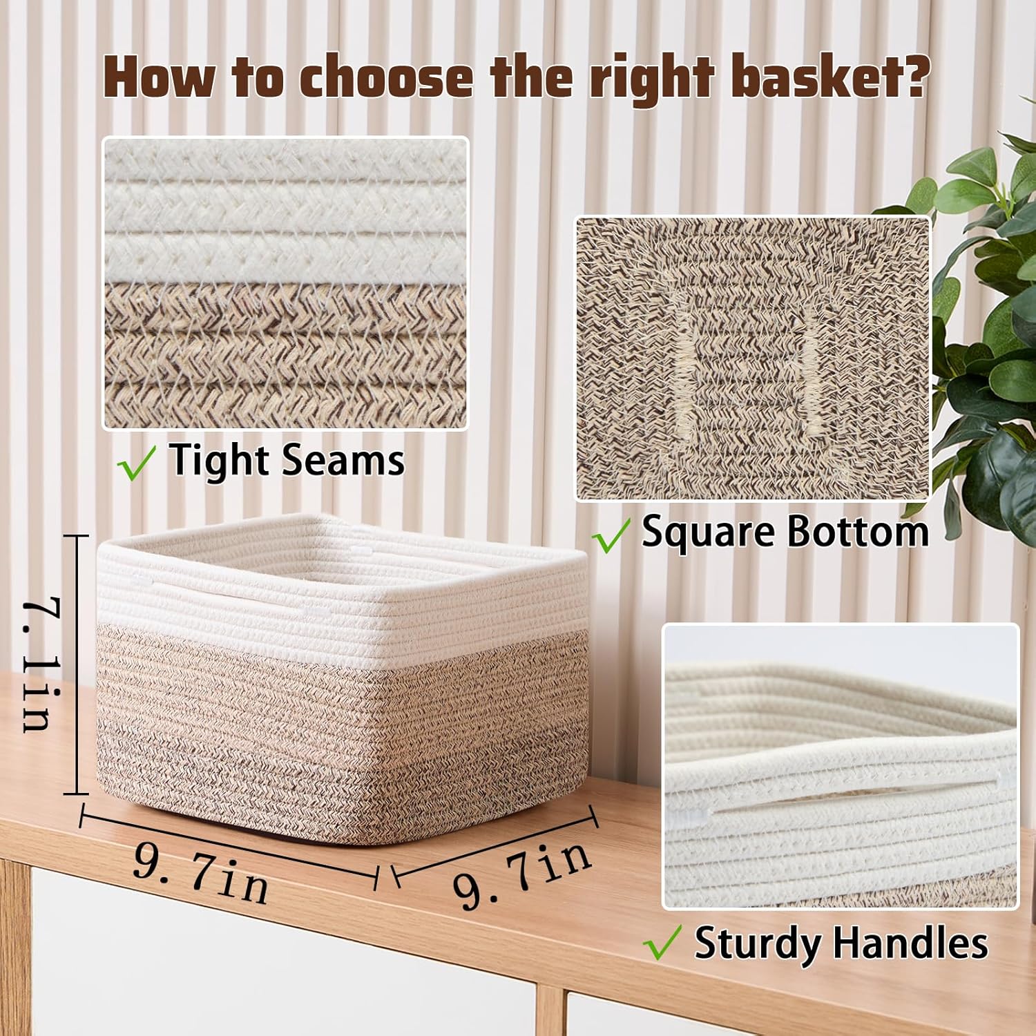 Small Organizing Baskets for Cubes Shelf, 9.7x9.7x7.1 Inch Rope Woven Storage Bins for Nursery Shelves Storage, Cute Toy Basket, Square 3 Packs Gradient Brown