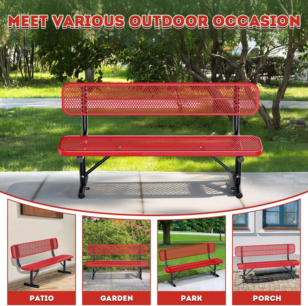 6Ft Heavy Duty Park Bench with Back Portable Frame, Outdoor Steel Bench with Backrest, Expanded Metal Mesh Bench for Lawn, Park, Deck, Garden, Patio, Porch, Red