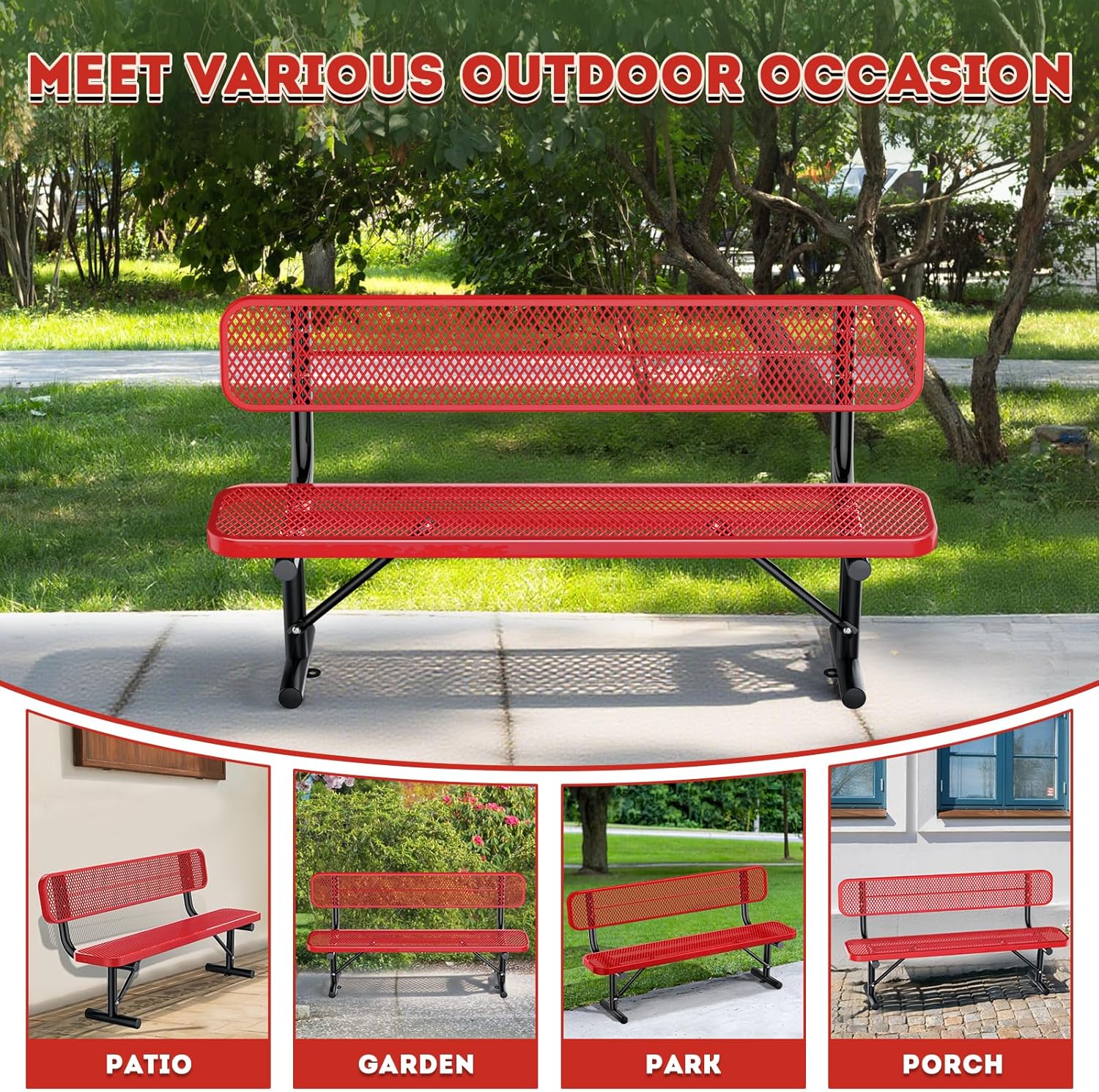 6Ft Heavy Duty Park Bench with Back Portable Frame, Outdoor Steel Bench with Backrest, Expanded Metal Mesh Bench for Lawn, Park, Deck, Garden, Patio, Porch, Red