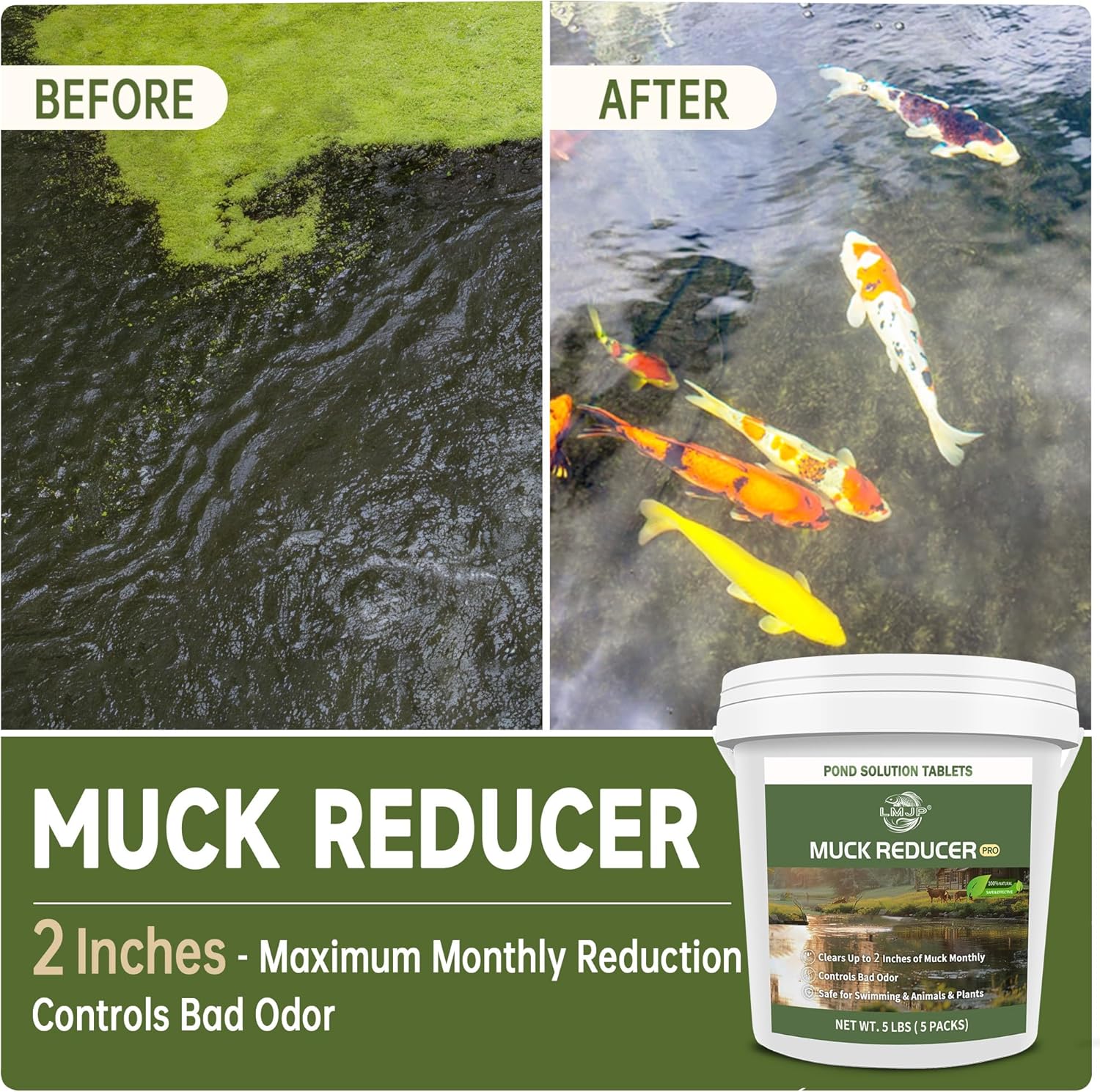 Muck Reducer - 5LB Natural Sludge Solution Tablets for Ponds & Lakes, Away Muck & Odor Control, Safe for Aquatic Life, Wildlife & Recreation, Treats Up to 30,000 Sq Ft