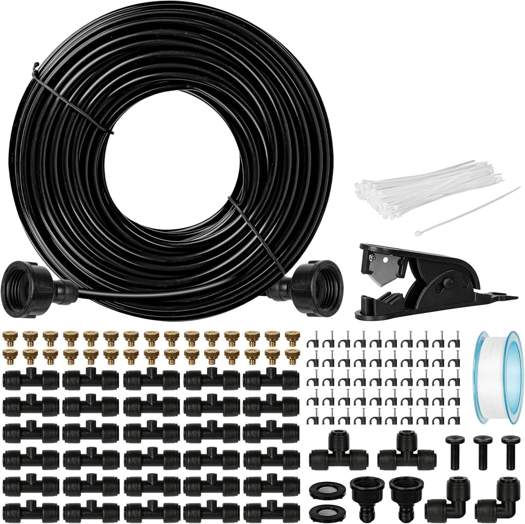 OnBrand Patio Water Misters for Cooling Outdoor, 100FT Mister for Outside with 3/4" Adapter and Filter, Misting Cooling System with 2 T-Joints and 30 Brass Nozzles for Greenhouse Trampoline Coop
