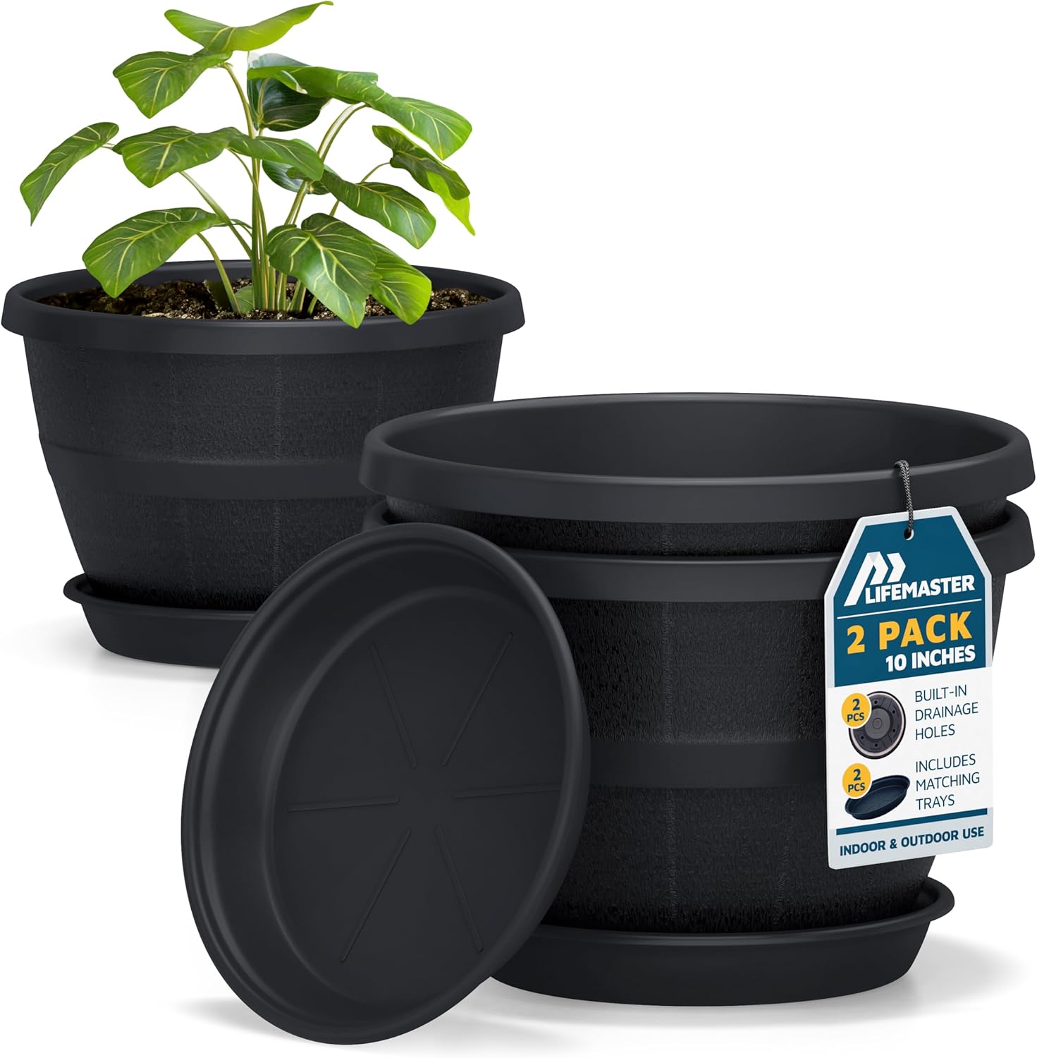 10-Inch Whiskey Barrel Planters Outdoor Pack of 2 - Durable Plastic Plant Pots for Indoor & Outdoor Use with Drainage & Saucer, Lightweight Rustic Barrel Planters for Flowers, Herbs & Small Plants