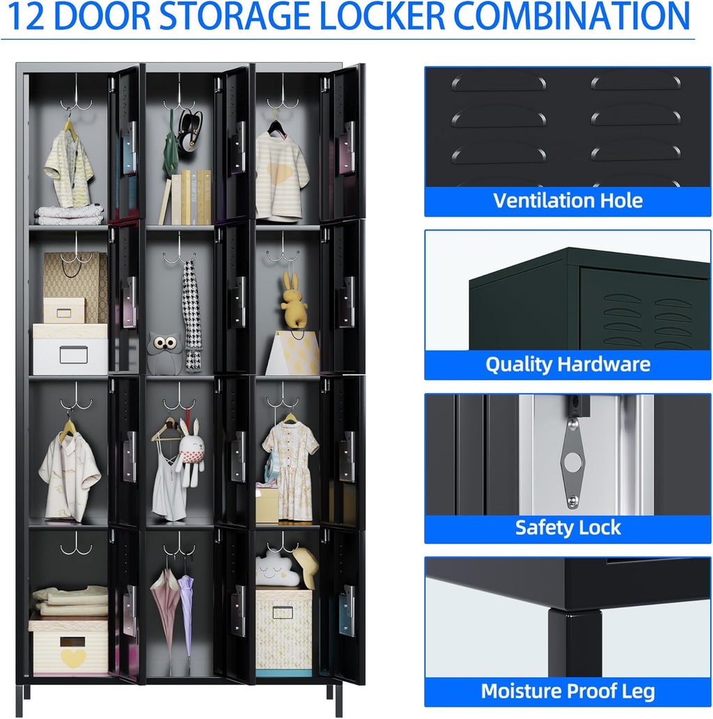 METAN Metal Locker for School Office Gym Bedroom, 12 Doors Black Steel Storage Locker Cabinet for Employees, Industrial Storage Locker, Assembly Required (12 Door-Black)