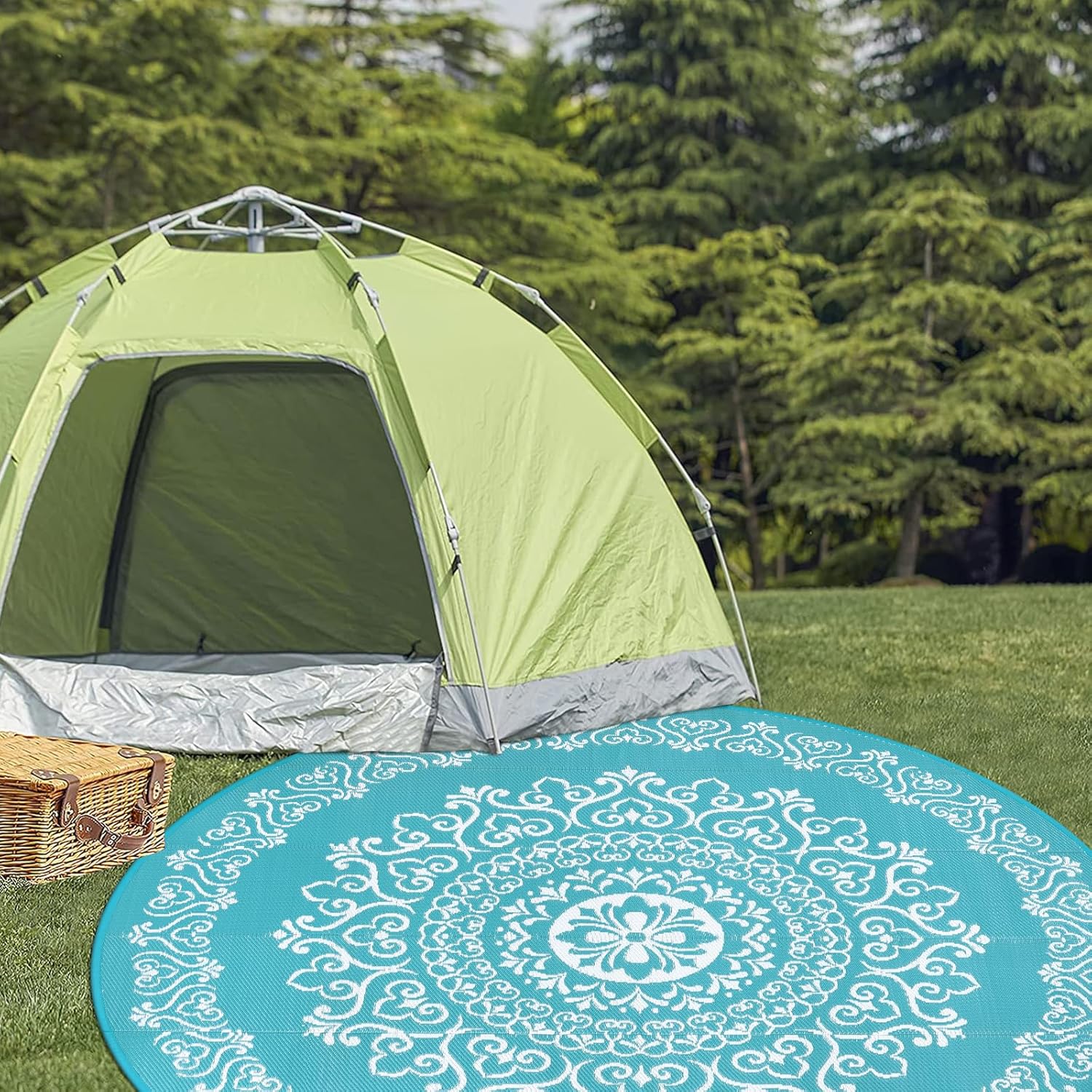 Pauwer Waterproof Outdoor Rug 8ft, Reversible Plastic Straw Patio Camping Rug, Indoor Outdoor RV Mat Carpet for Deck, Camper, Porch, Balcony, Backyard, Picnic, Floral Teal