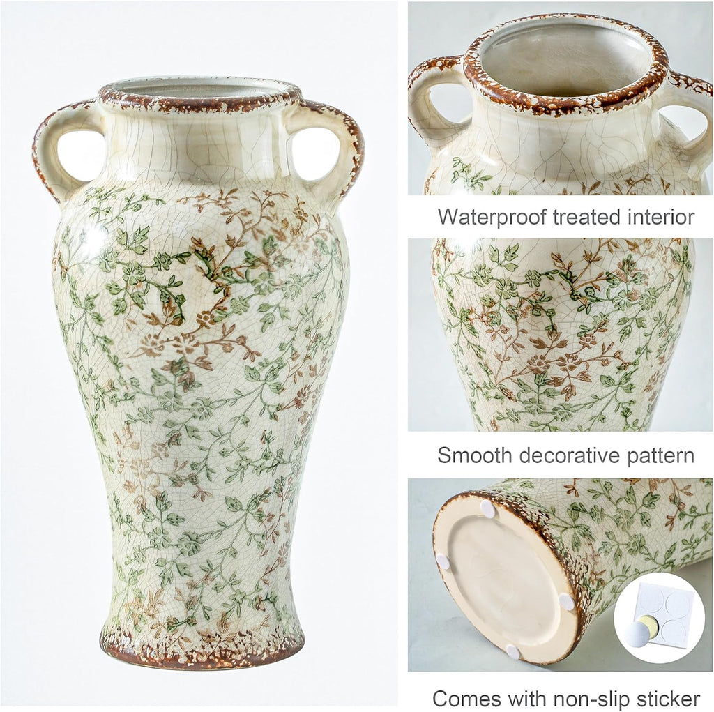 Enra Farmhouse Vintage vase with Handle,12.6 in Ceramic Chinoiserie Floral Vase,Green and Beige Decorative Flower vase,Large Rustic Vases for Home Decors, Living Room, Bookshelf, Office