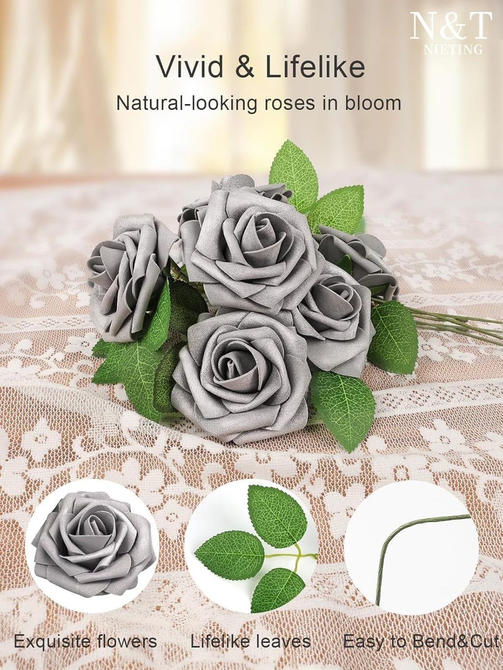 N&T NIETING Artificial Flowers, Fake Flowers Roses Perfect for DIY Wedding Bridal Bouquets Centerpieces Bridal Shower Party Home Flower Arrangement Decorations, 25Pcs, Silver Gray