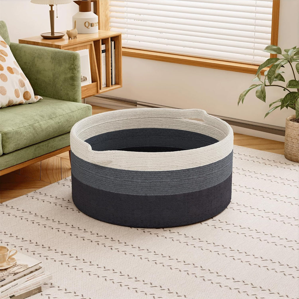 125L Extra Large Blanket Basket, 25" x 16", Jumbo Laundry Woven Basket Decorative Home, Cotton Rope Basket with Handles, Baby Toy Basket for Storage, Gradual Blue