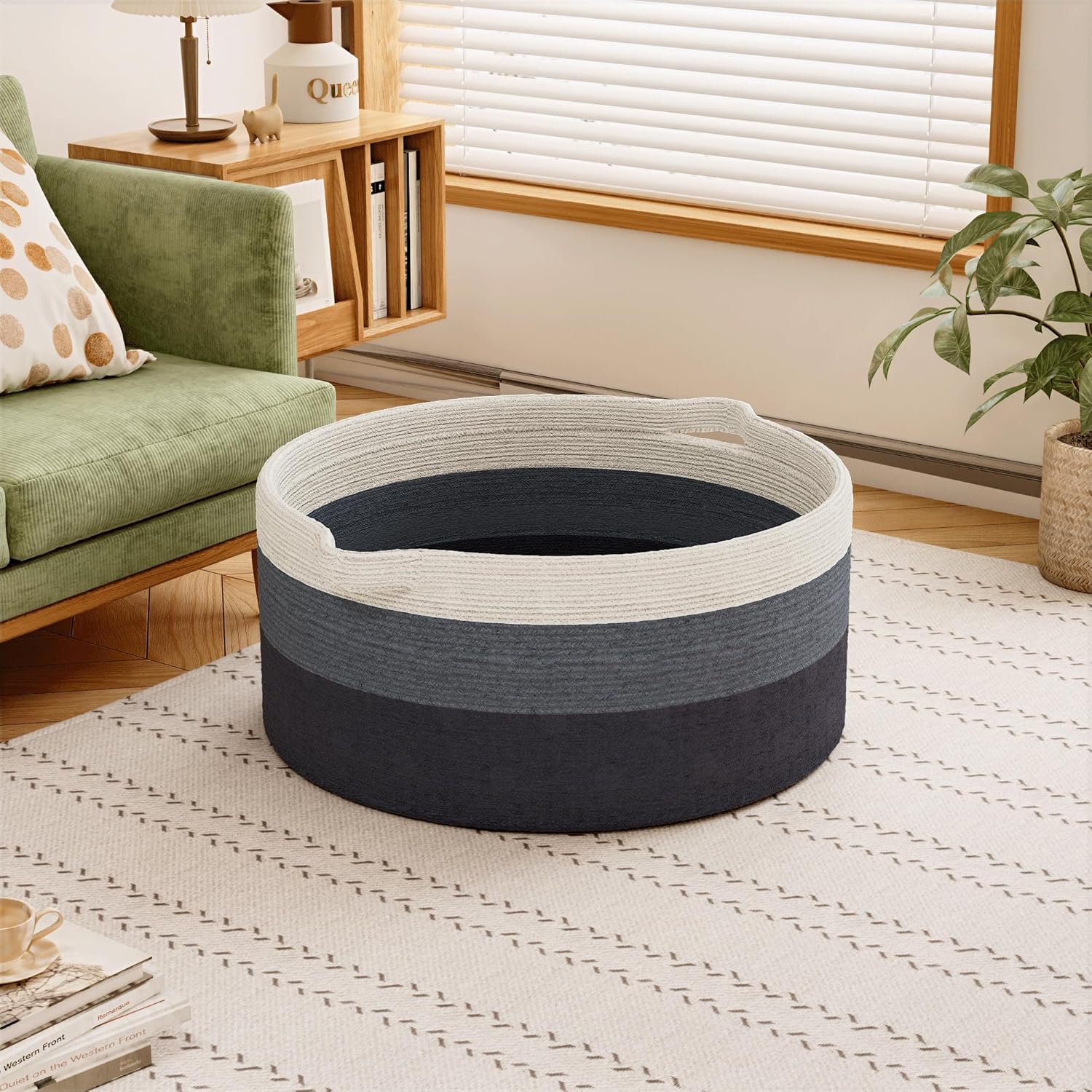 125L Extra Large Blanket Basket, 25" x 16", Jumbo Laundry Woven Basket Decorative Home, Cotton Rope Basket with Handles, Baby Toy Basket for Storage, Gradual Blue