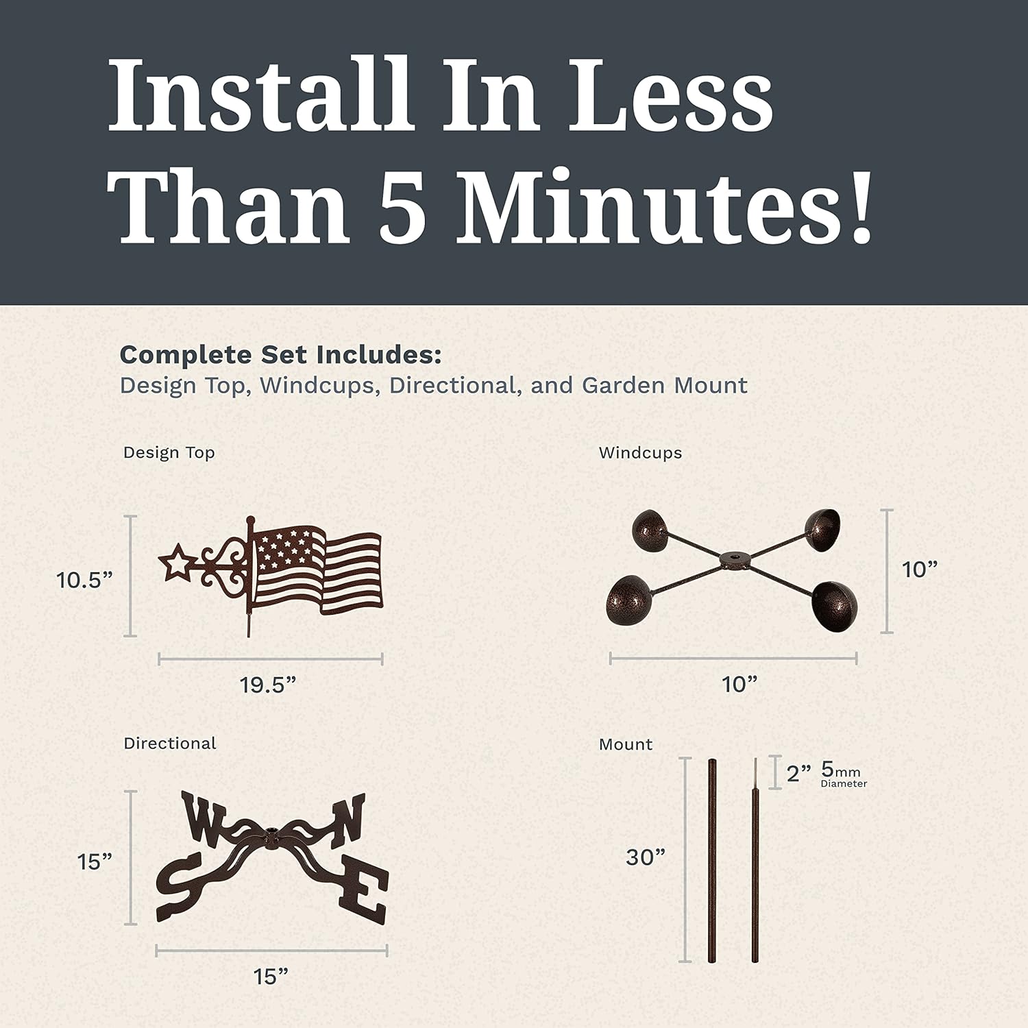 EZ Vane Steel USA Flag Weathervane 80” Height, Includes Metal Garden Mount, Wind Cups & Brackets | Hand-Crafted and Family-Owned, Made in The USA with Triple Powder Coating, Limited