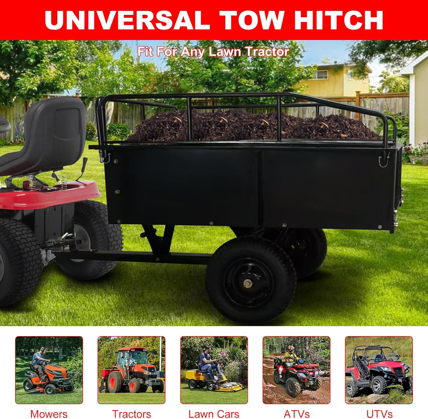 Heavy Duty Steel Garden Cart, 750Lbs Yard Garden Pull Behind Dump Trailer with Removable Sides for Atvs Utvs Lawn Garden Tractors, Black
