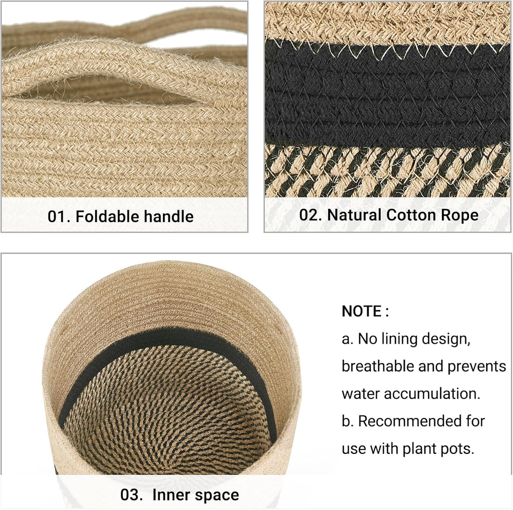 Dahey Jute Rope Plant Basket Modern Woven Storage Basket for 12" Indoor Planter, Decorative Flower Pots Cover Laundry Bin with Handle Rustic Home Decor, Black