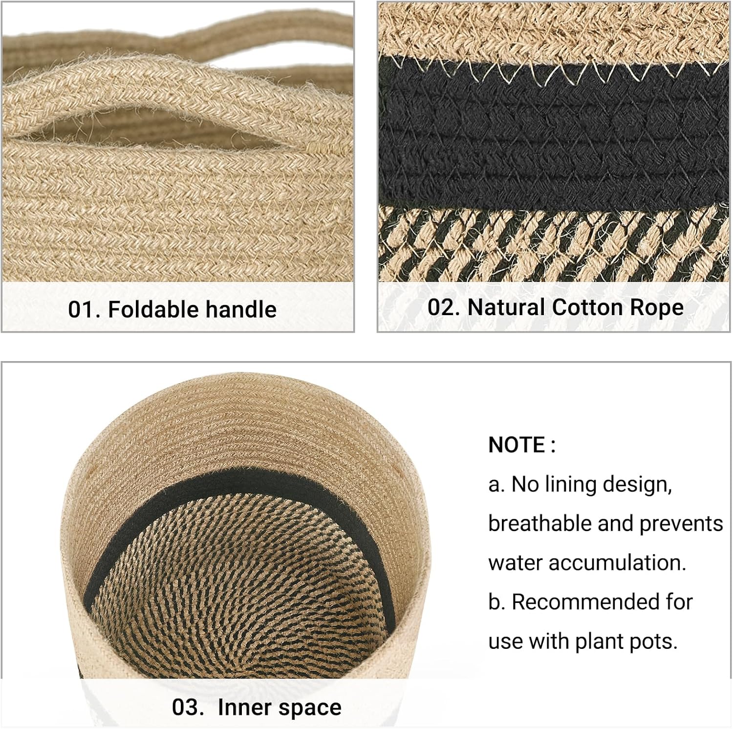 Dahey Jute Rope Plant Basket Modern Woven Storage Basket for 12" Indoor Planter, Decorative Flower Pots Cover Laundry Bin with Handle Rustic Home Decor, Black